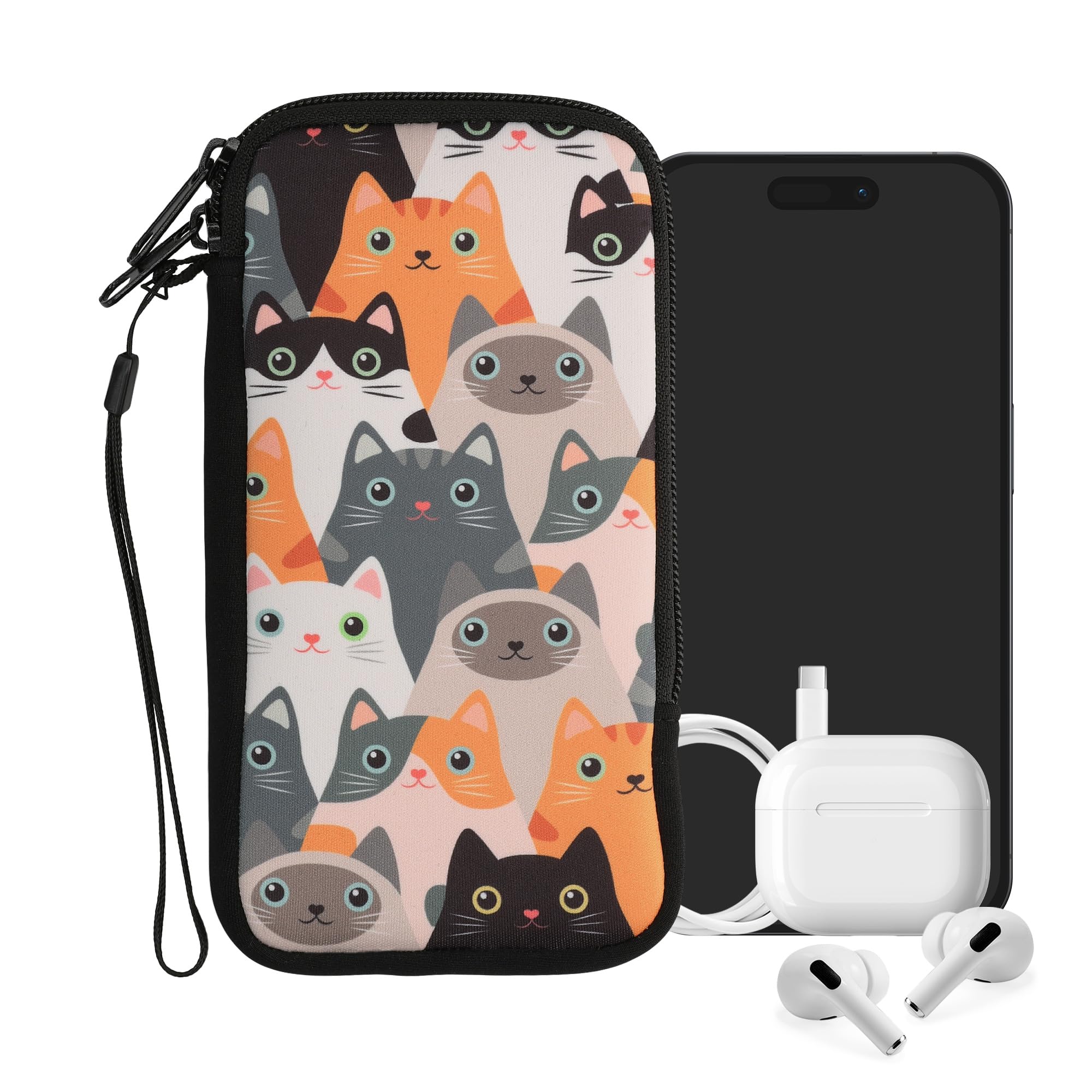 kwmobile Custodia in neoprene con zip per smartphone XL - 6,7/6,8" - Astuccio portacellulare a sacchetto con cerniera - Borsa verticale - Gatti arancione/nero/bianco