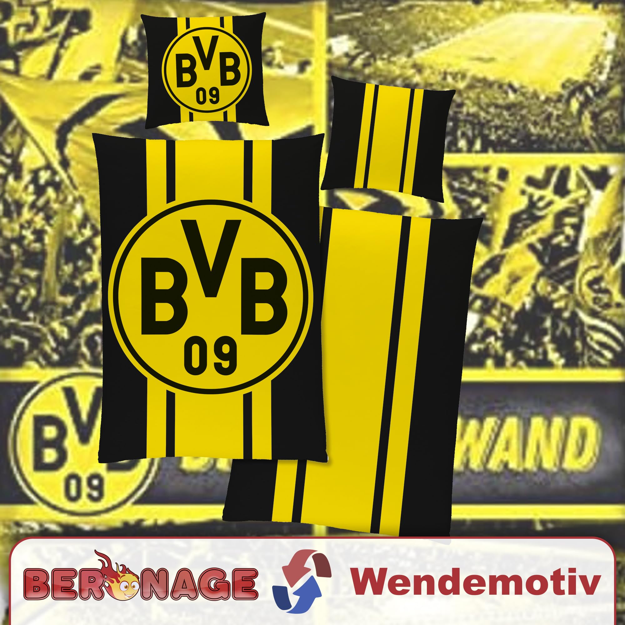 Dortmund Borussia BVB 09 Wende-Bettwäsche 135 x 200 cm + 80 x 80 cm 100% Baumwolle Renforcé-Linon Fußball Bettwäsche Logo Motiv Echte Liebe Heja BVB Reißverschluss deutsche Größe