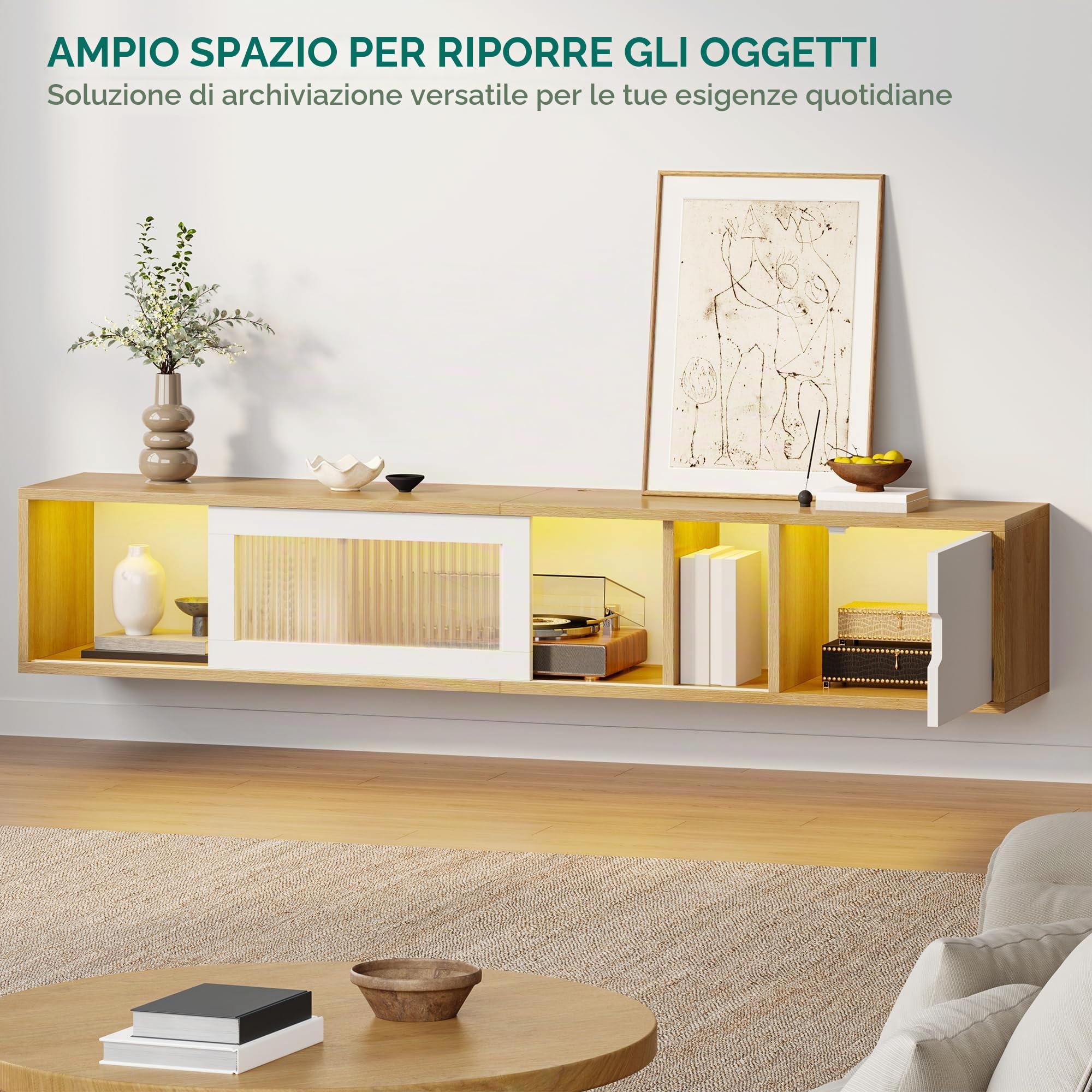 YITAHOME 148 cm Mobile TV Supporto TV sospeso in sospeso supporto TV per TV fino a 65 pollici con 7 RGB LED 22 modalità luci Centro di intrattenimento con porta per soggiorno e camera da letto
