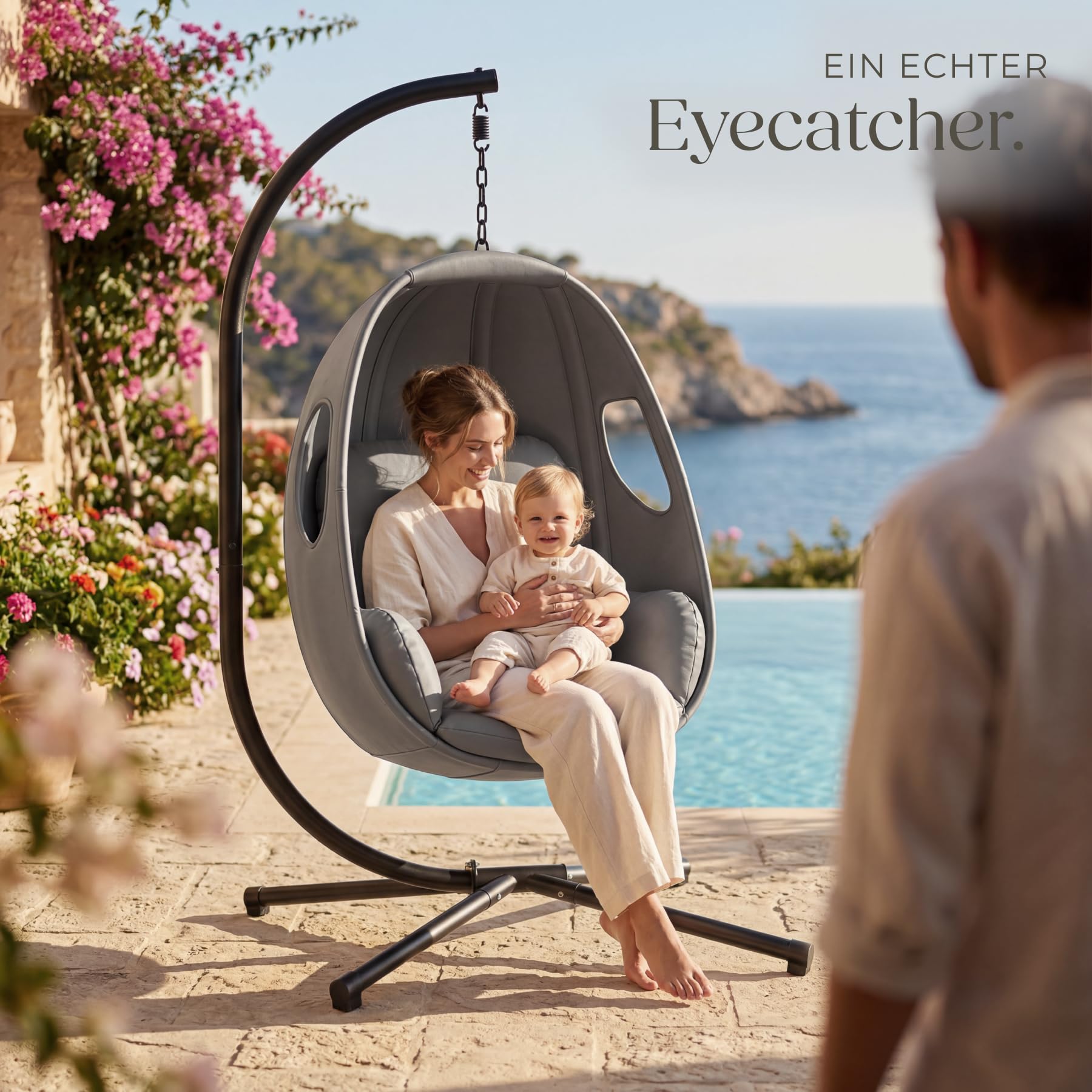 tectake® Hängesessel mit Gestell, Indoor oder Outdoor, Schaukel Sessel mit Kissen + Rückenkissen, Schaukelstuhl, Hängestuhl. Möbel für Wohnzimmer, Schlafzimmer, Balkonmöbel, bis 160kg (anthrazit)