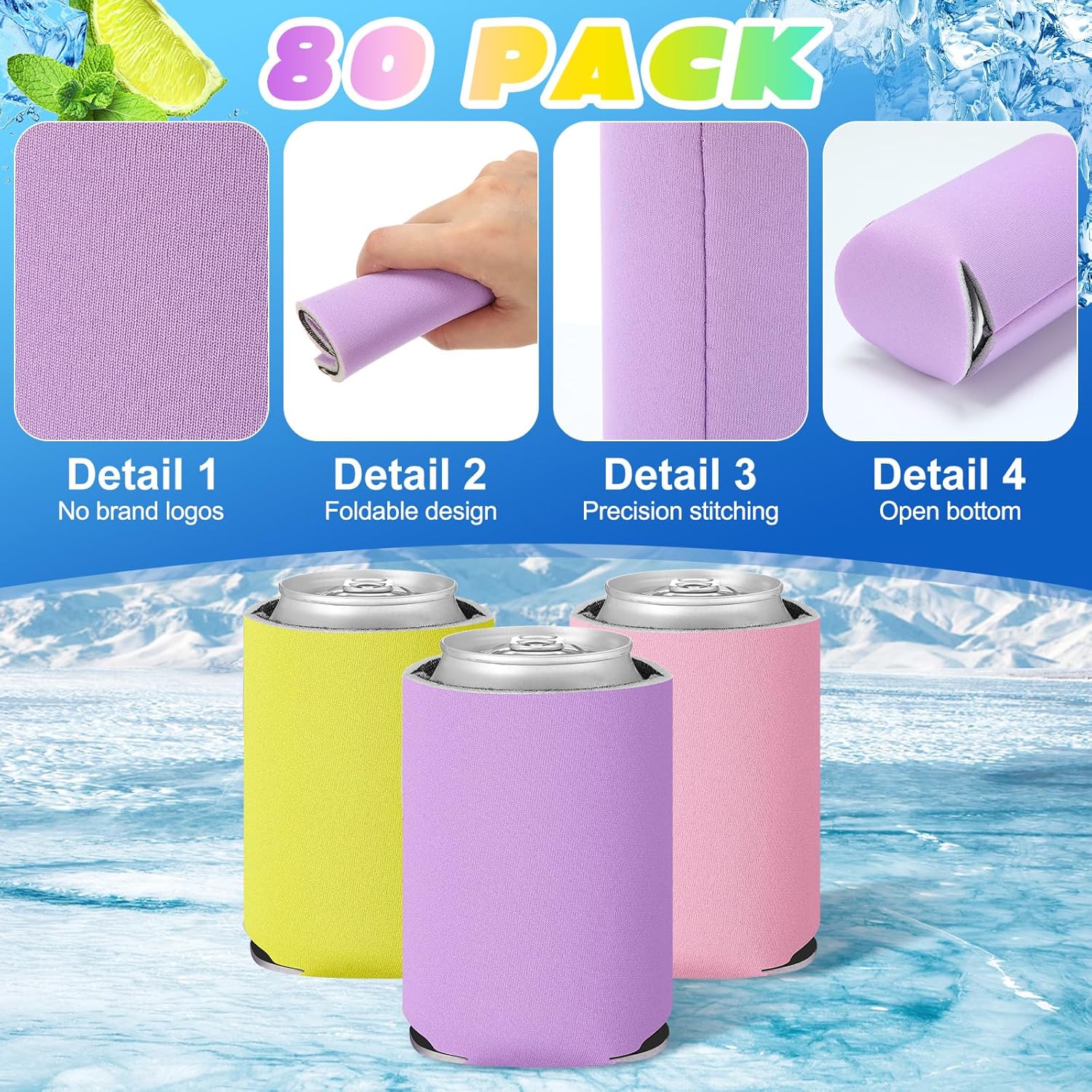 CHENGU 80 Pieces Can Coolers Soft Insulated Soda Cover Coolies Blank Can Covers Collapsible Can Cooler Sleeves Plain Can Sleeves for Soda Beverage DIY Customizable Weddings Party (Multi Color)