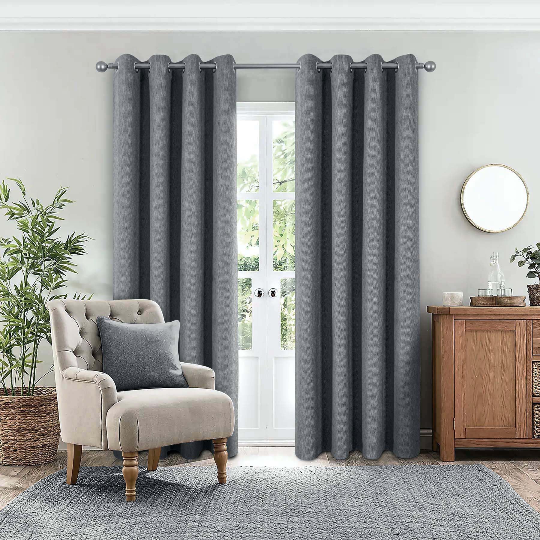 always4u 100% Blackout Curtains Herringbone Thermal Eyelet Curtain for Bedroom Living Room Modern Texture Window Drapes Home Decoration 2 Panels Dark Grey 90 * 90 Inches