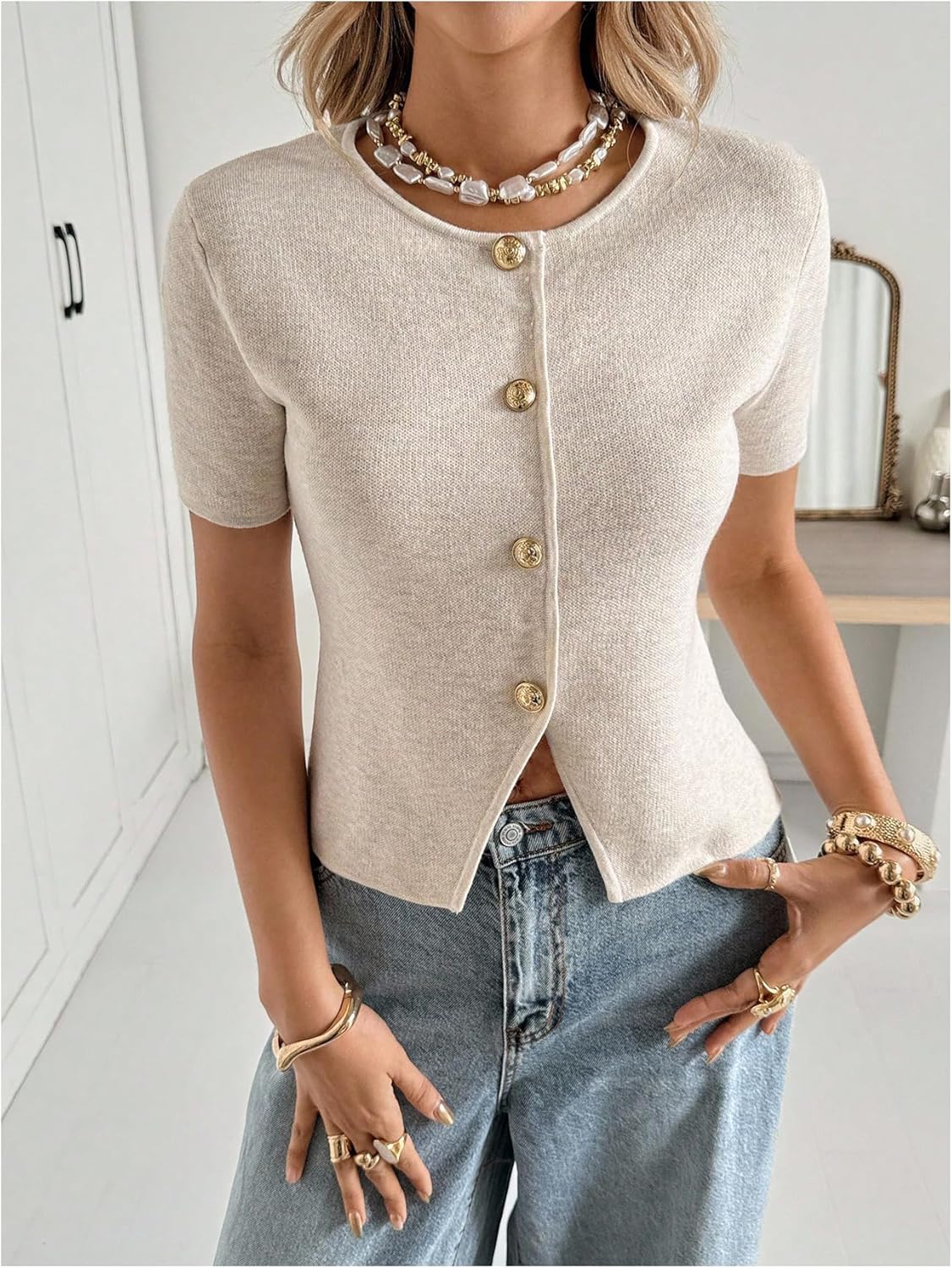 SOLY HUX Women's Button Down Short Sleeve Cardigan Crew Neck Fitted Knit Sweater Tops - Image 2