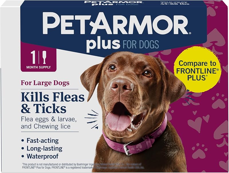 Plus Flea & Tick Topical Dogs 45-88 lbs, 1-Month | Ideal for Large Dogs 45-88 lbs; Kills Fleas, Eggs, Larvae, Ticks & Lice; 1-month supply; Waterproof Nose-to-Tail