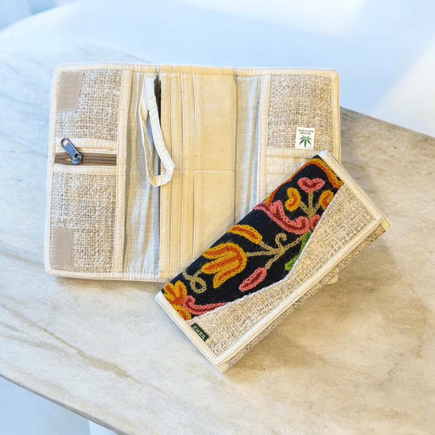 Asatre Hemp Tri-Fold Embroidered Wallet – Eco-Friendly, Durable, Vegan Wallet with Multiple Card Slots – Lightweight, Handmade Natural Fiber Wallet for Women (Black) - Image 4