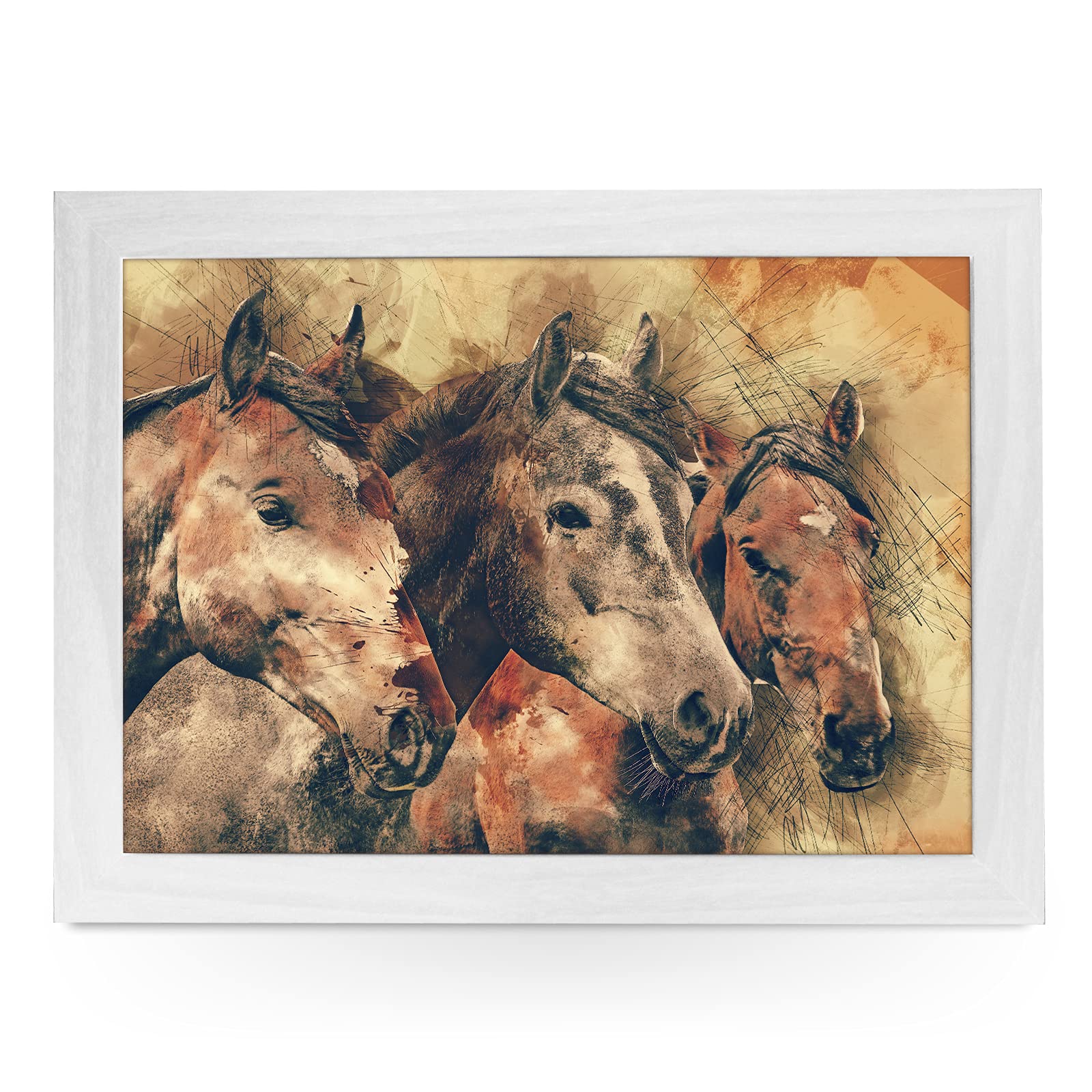 Portable Lap Desk Tray (Watercolour Three Horses) Handmade Wooden Frame, Beanbag Cushioned Bottom | Computers, Laptops, Meals, Food | L834 White