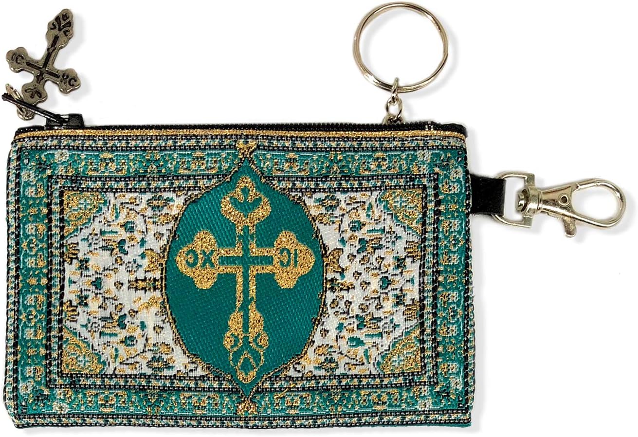 Needzo Rosary Pouch - Prayer Beads Case - Tapestry Keepsake Key Chain Coin Holder with Zipper 4 3/4 Inch Width, Green with Gold - Image 2