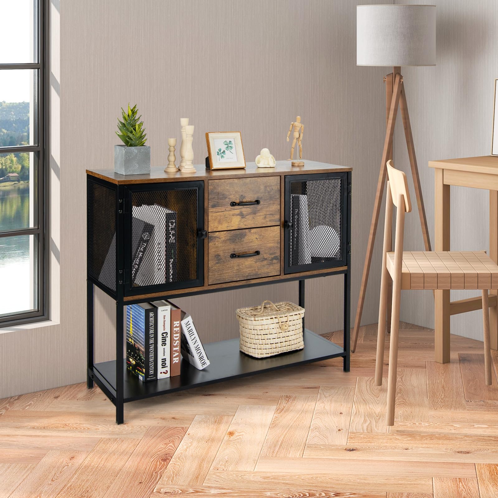 COSTWAY Aparador con 2 Cajones Extraíbles y Repisa Inferior, Mueble Multifuncional para Salón Comedor, Armario de Cocina, Marrón Rústico 100 x 35 x 85 cm