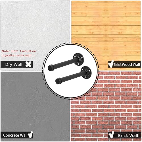 Miniatura 6 de 2 piezas de 8 pulgadas de tubería industrial montado en la pared, barra de ropa rústica y vintage, barra de ropa de metal multiusos para dormitorio,