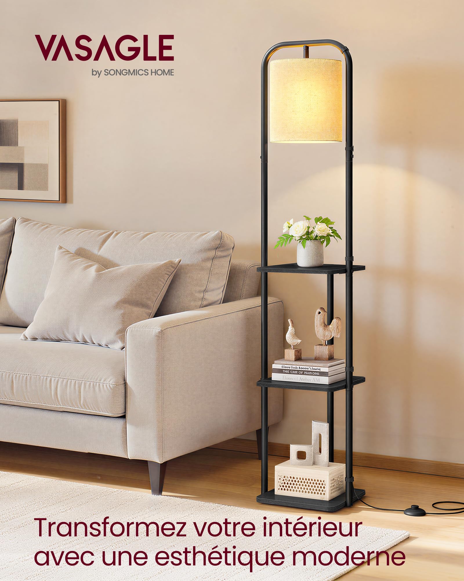 VASAGLE Lampadaire sur Pied, avec 3 Étagères, Lampe sur Pied, Ampoule LED Incluse, avec Interrupteur, Abat-Jour en Tissu, pour Salon, Chambre, Noir d'Encre LFL001BD02