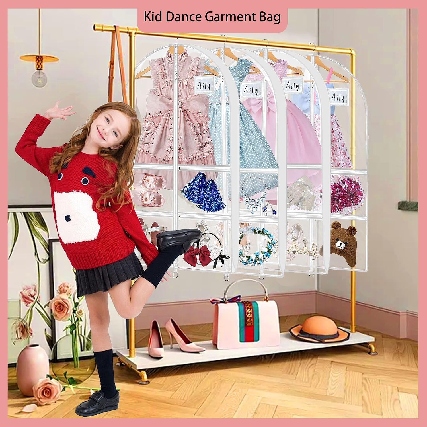4 Pack 40" Clear Dance Garment Bags for Costumes Hanging, with 4 Medium Clear Zipper Pockets and 1 Large Back Zipper Pocket, Clothes Protector Cover for Travel Competition [Upgraded Version]