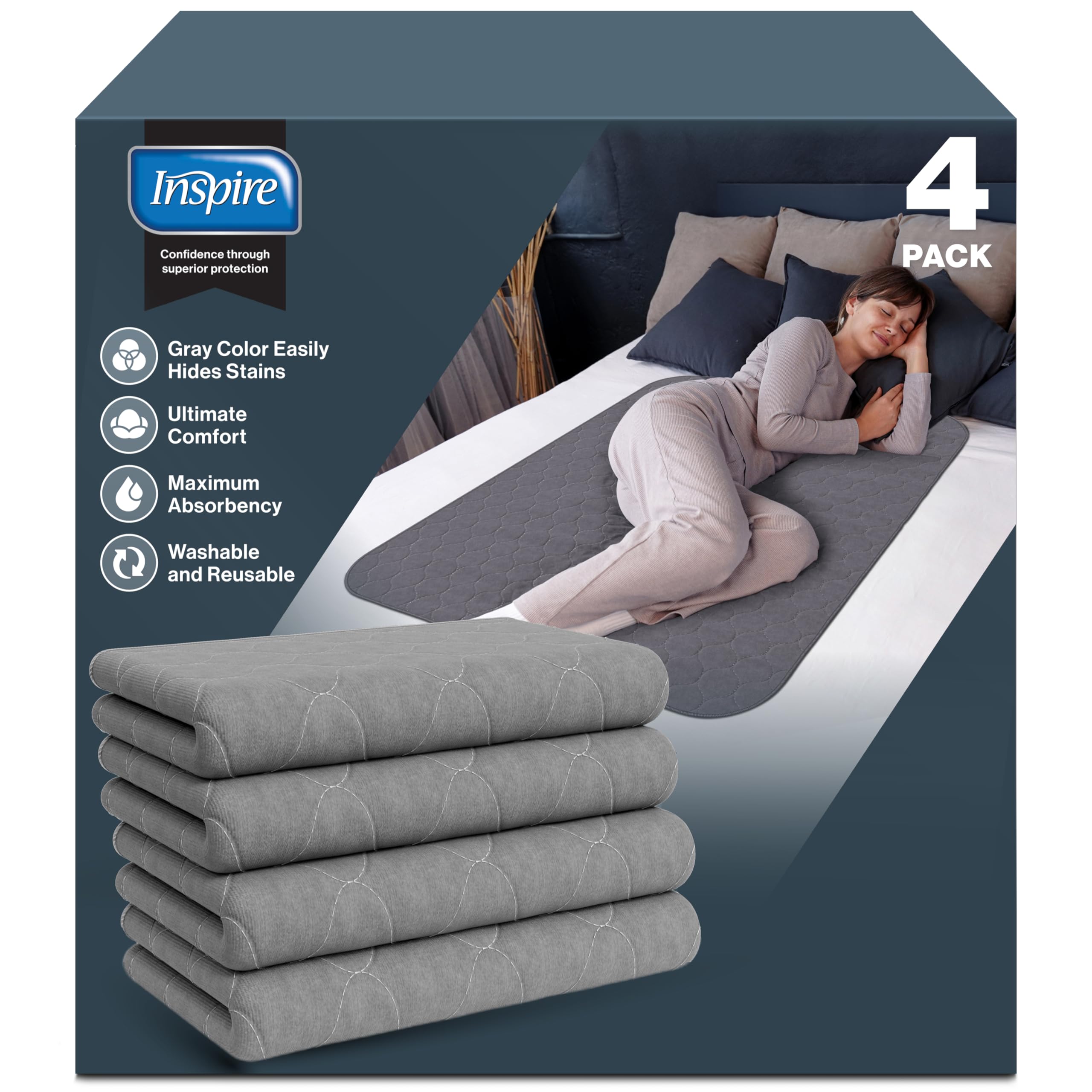 Inspire Underpads | Large 34 x 36 4 Pack Gray - Reusable Incontinence Bed Pads Waterproof Mattress Pad | Disposable Bed Pads For Adults Pee Pads Incontinence Pads For Beds, Dog Pads (34 X 36 - 4 Pack)