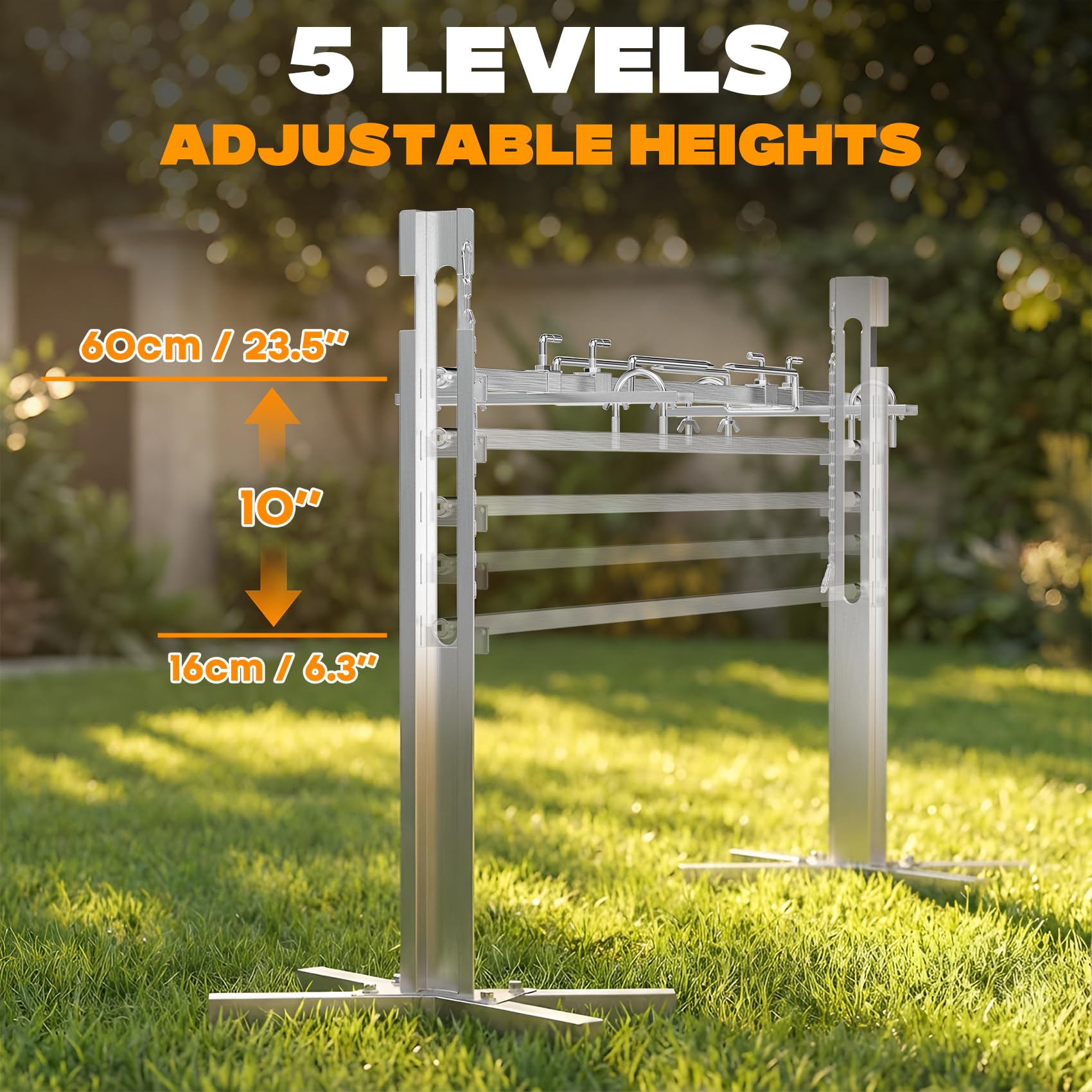 onlyfire Kit de Brocheta Eléctrica con Motor, Brocheta Giratoria Automática con 5 Niveles de Altura para Cordero, Pollo y Carne a la Parrilla, Brocheta Parrilla de Acero Inoxidable, Carga Máxima 60KG