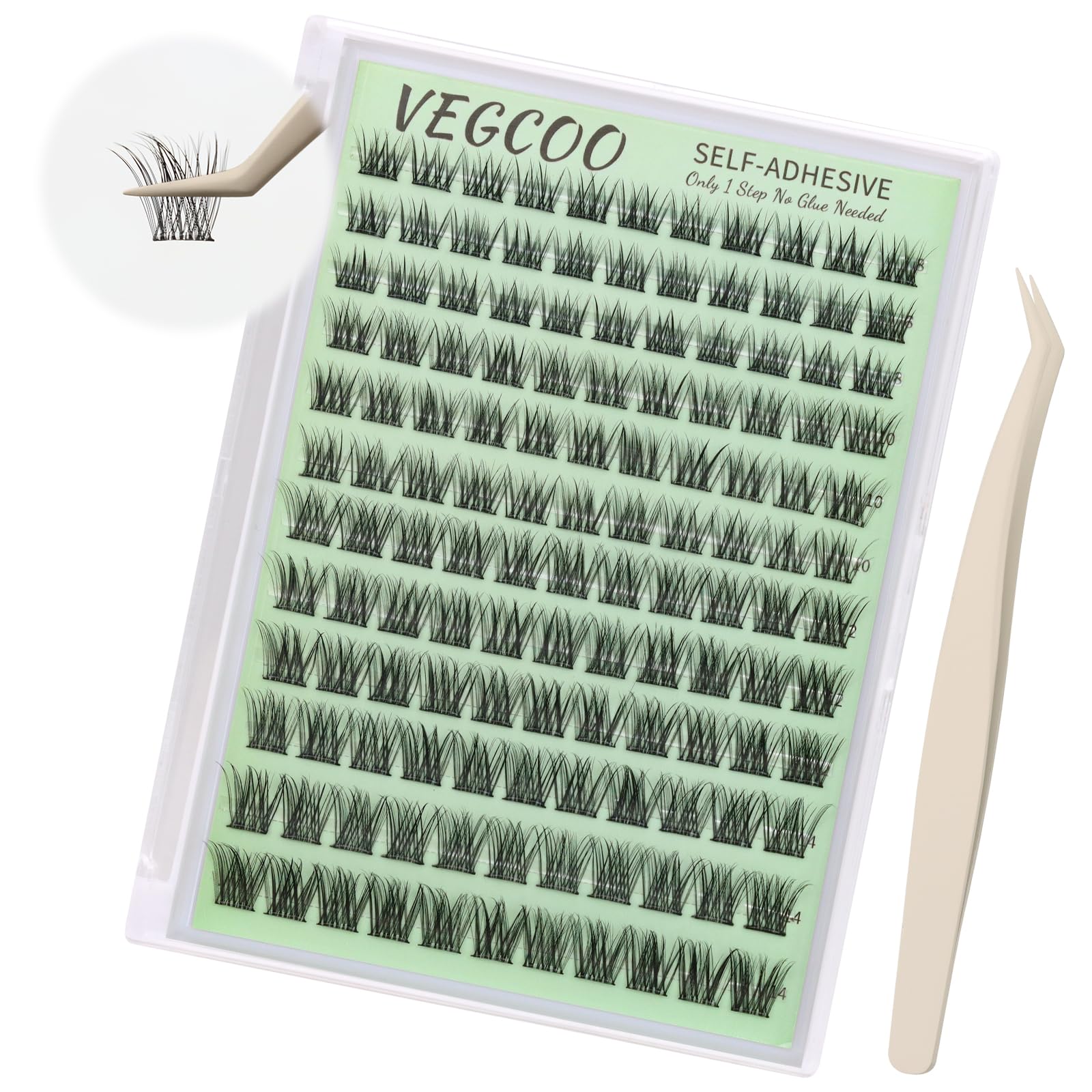 VEGCOO Ciglia Autoadesive, Ciglia Finte Ciuffetti Naturali Pre Glue Cluster Lashes, Kit Extension Ciglia C Curl Mix 8-14 MM con Pinzette Adatto ai Principianti
