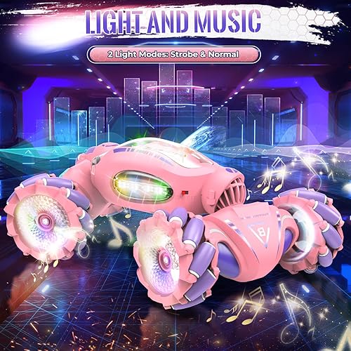 Miniatura 7 de Coche de control remoto rosa, regalos para niñas de 6 a 12 años, con luz, música y aerosol, 2.4 Ghz 4WD de doble cara giratoria de 360  con