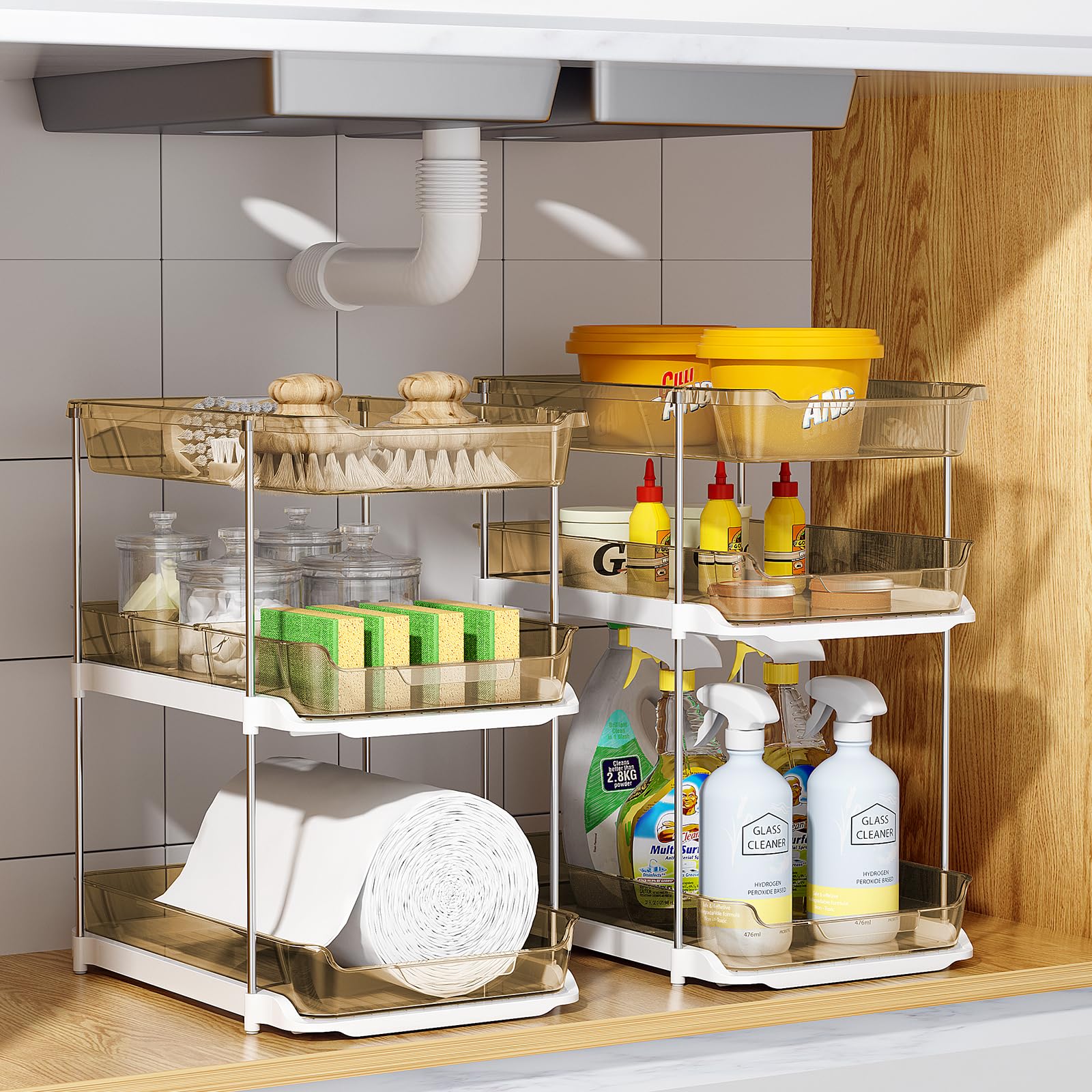 Delamu Confezione da 2 organizer da bagno a 3 ripiani, multiuso, impilabili, per dispensa e stoccaggio, estraibili, trasparenti, con divisori mobili, color ambra