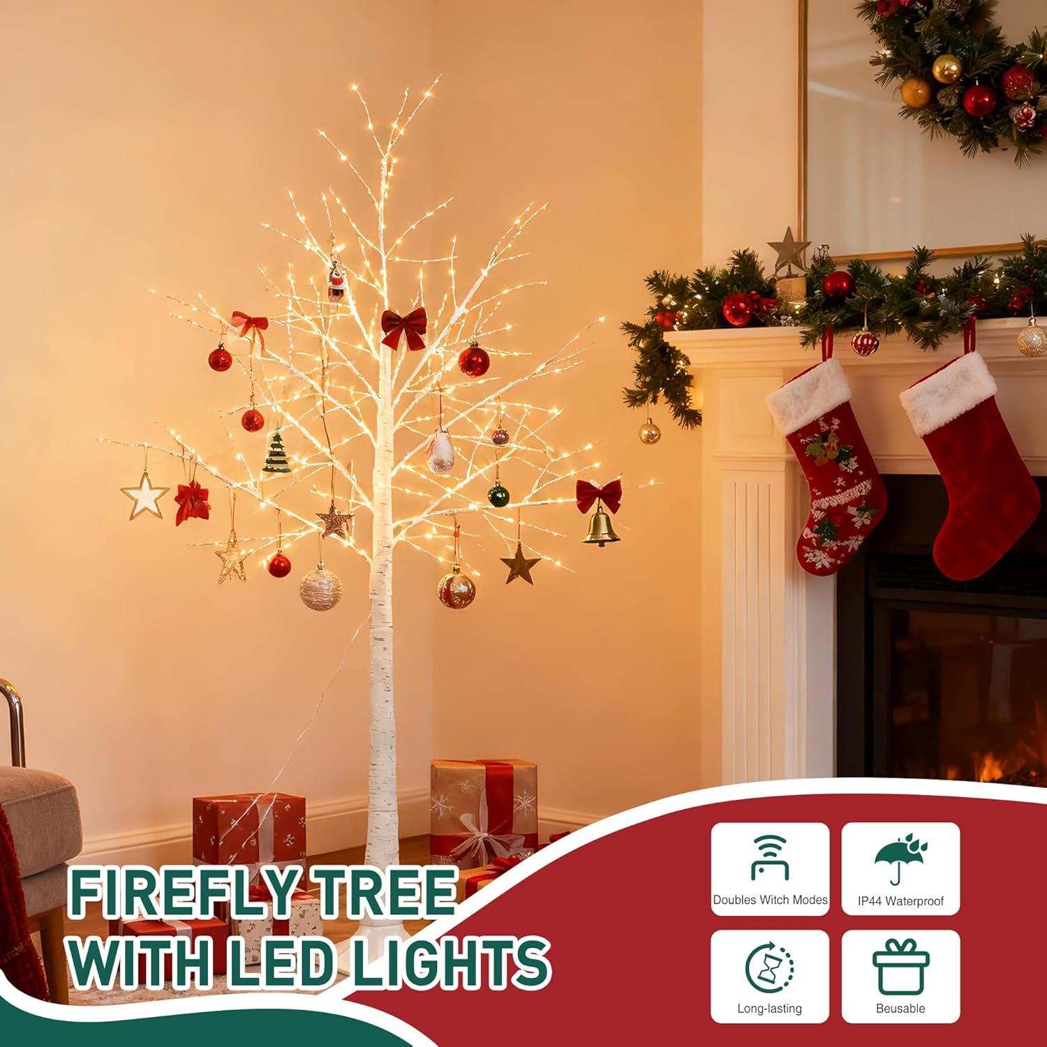 5FT White Firefly Tree with Lights - Lighted Firefly Tree with 350 Warm White LEDs for Holiday Decor,Waterproof,Remote Control Lighted Trees for Indoor and Outdoor Decoration,Dimmable for All Seasons