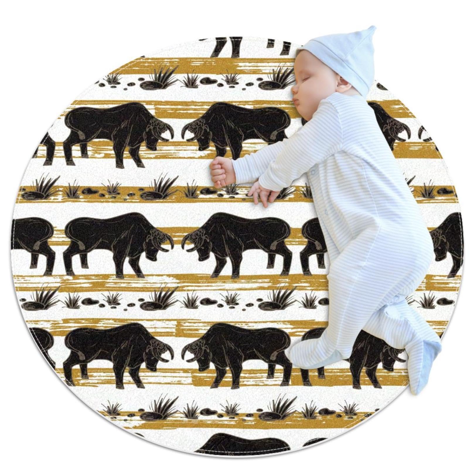 Tapis de bain rond 1m imprimé taureau et camomille antidérapant
