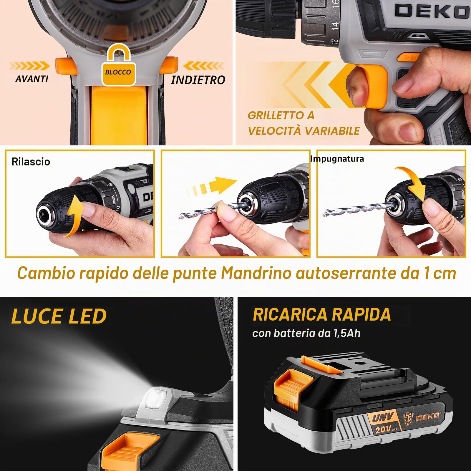 DEKO Cassetta Attrezzi Completa con Trapano Avvitatore Batteria 20V, 186 Pezzi, Set Completo di Punte