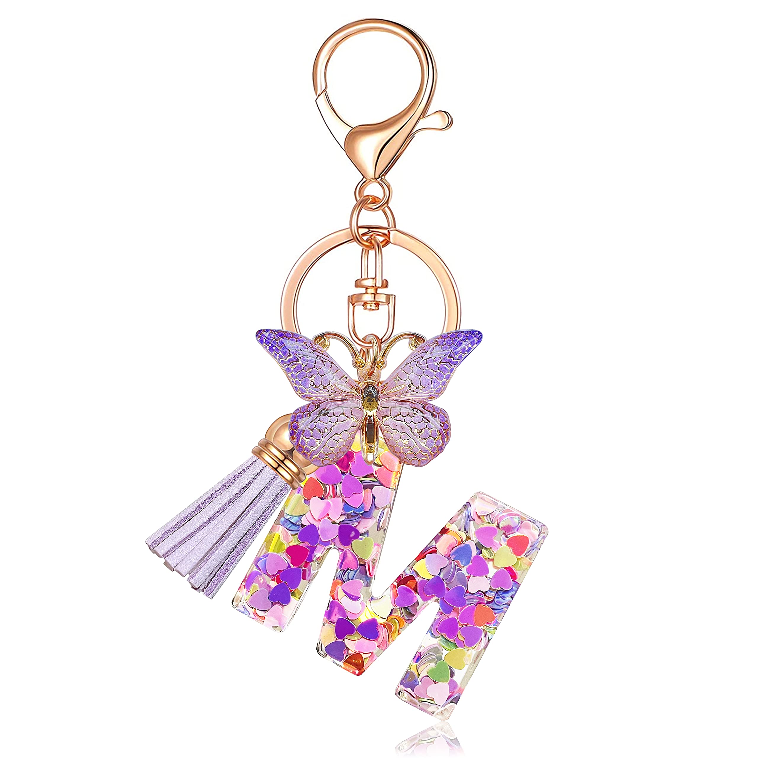 JINGUAZI Initial letter Keychains for Women Tassel Butterfly Pink Cute Car Keychain for Wallet Purses Backpack (Purple M)