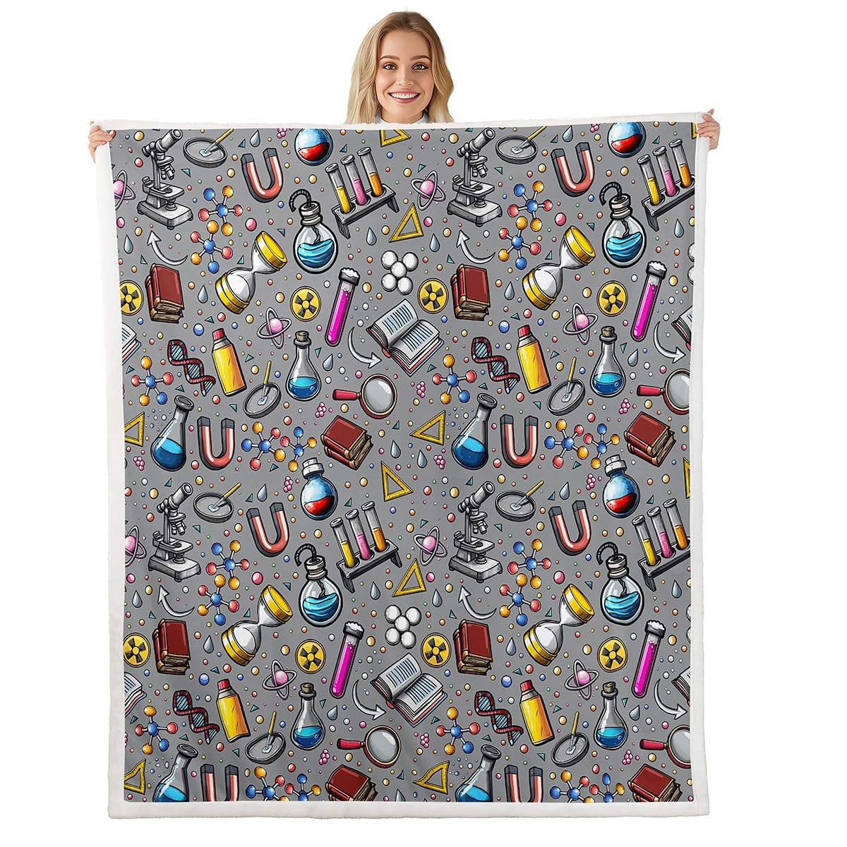 Laboratory Sherpa Blanket Chemistry Lab Fleece Blanket for Kids Teen Boys Young Man Test Tube Microscope School Graffiti Blanket Throw Chemical Elements Science Theme Fuzzy Blanket Throw 50"x60" Gray