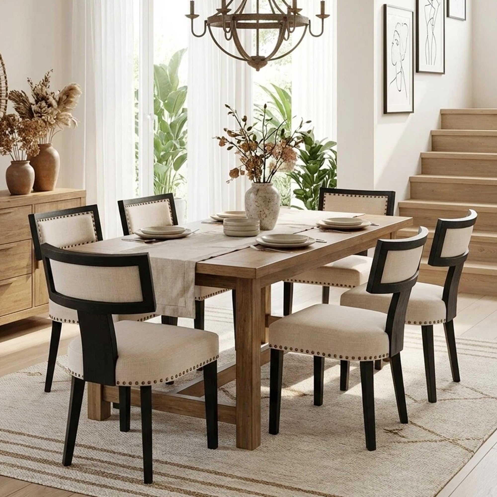 HNY Mid Century Modern Dining Chairs Set of 6, Farmhouse Linen Fabric Upholstered Accent Chairs Curved Nailhead Trim Backrest Kitchen Chairs, with Black Hardwood Frame, Beige