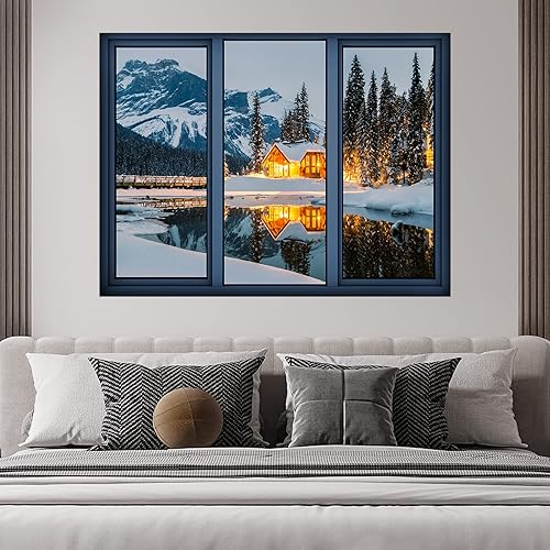 Miniatura 2 de SIGNWIN Adhesivo de pared extraíblemural de pared con vista de ventana de invierno nieve cabaña de Navidad naturaleza desierto fotografía realismo