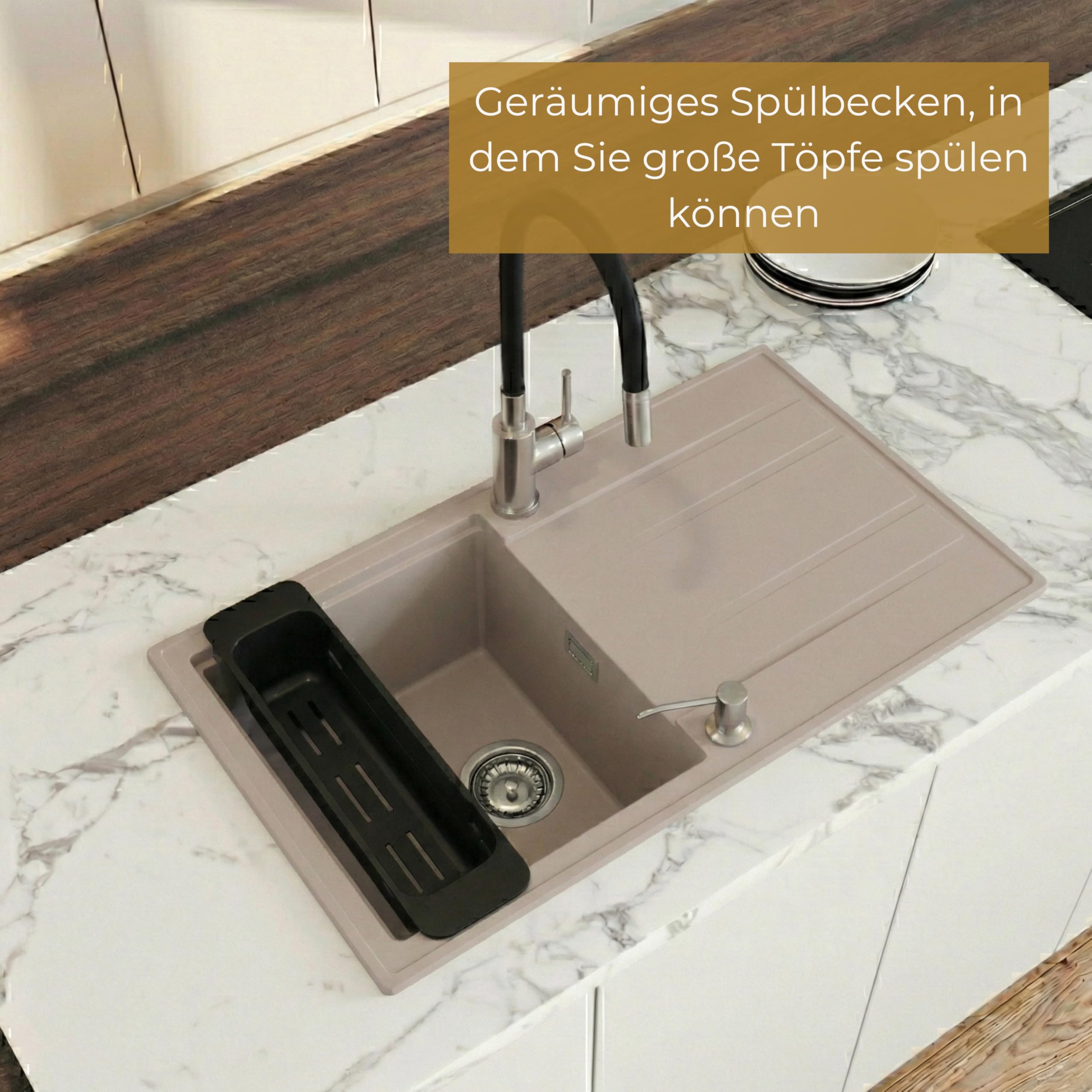 SINK Quality zlewozmywak kuchenny z ociekaczem – zlewozmywak beżowy 80 x 46 cm – w zestawie syfon i środki impregnujące – zlewozmywak do zabudowy do szafki pod umywalkę 55 – zlewozmywak granitowy