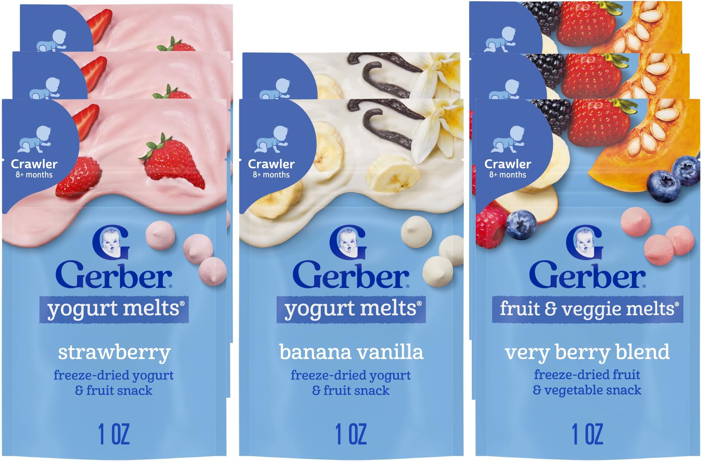 Gerber Stage 3 Baby Food Snacks, Strawberry, Banana Vanilla Yogurt Melts, Very Berry Fruit and Veggie Melts, Baby Led Feeding, 8-Pack