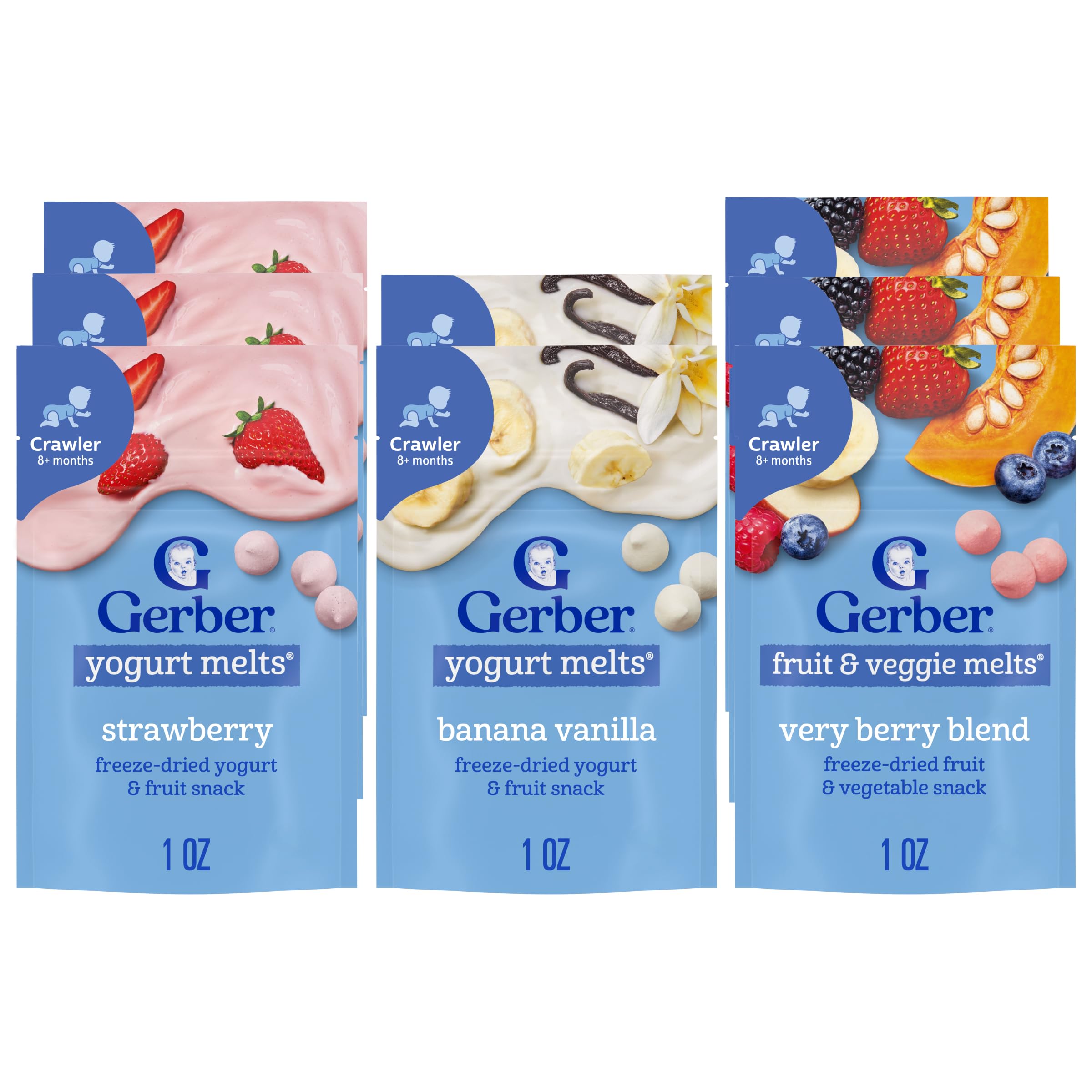 Sponsored Ad - Gerber Stage 3 Baby Food Snacks, Strawberry, Banana Vanilla Yogurt Melts, Very Berry Fruit and Veggie Melts, Baby Led Feeding, 8-Pack