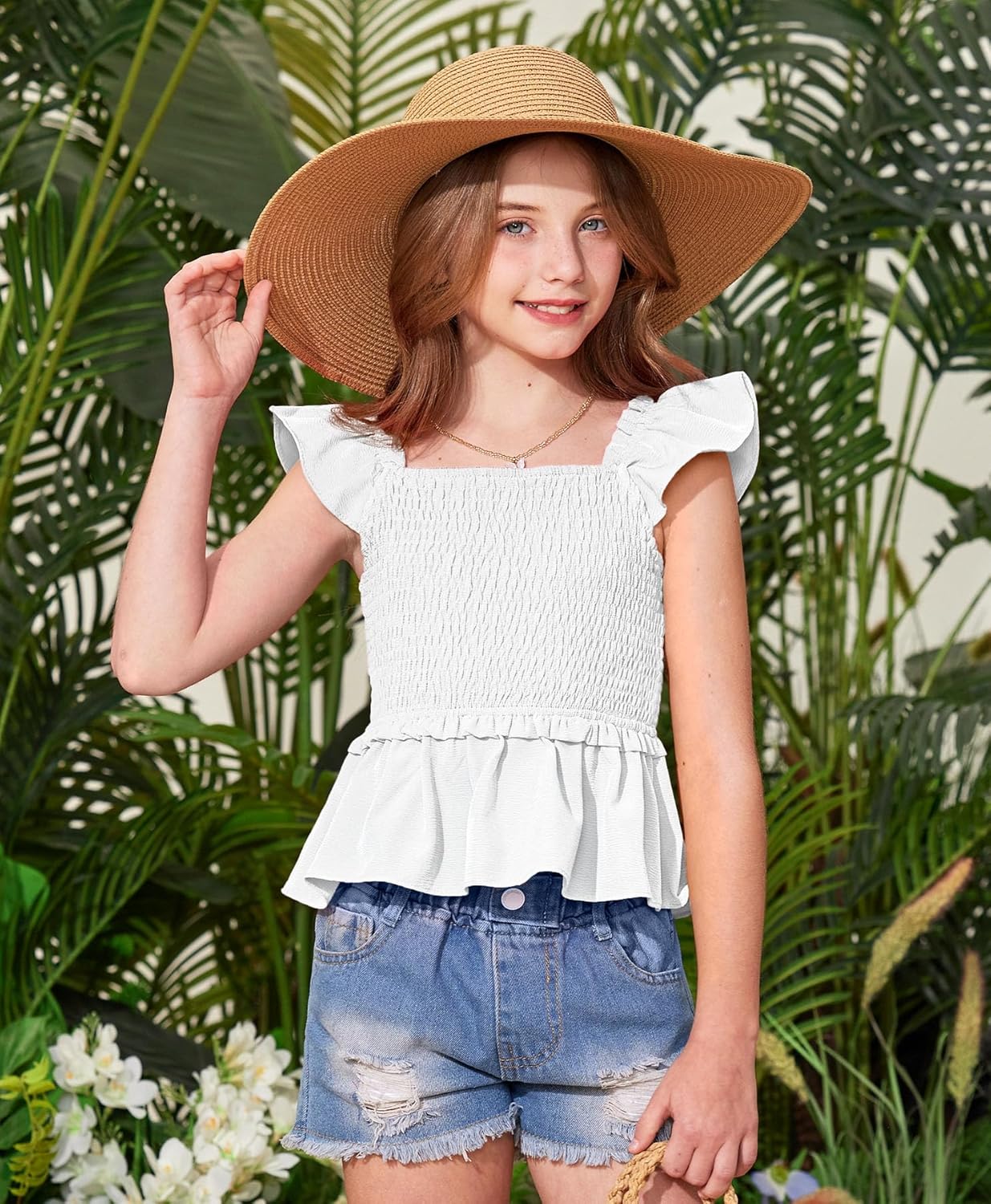 BesserBay Girls Summer Ruffle Cap Sleeve Square Neck Tank Top Peplum Hem Smocked Cute Babydoll Blouse 5-14 Years - Image 5