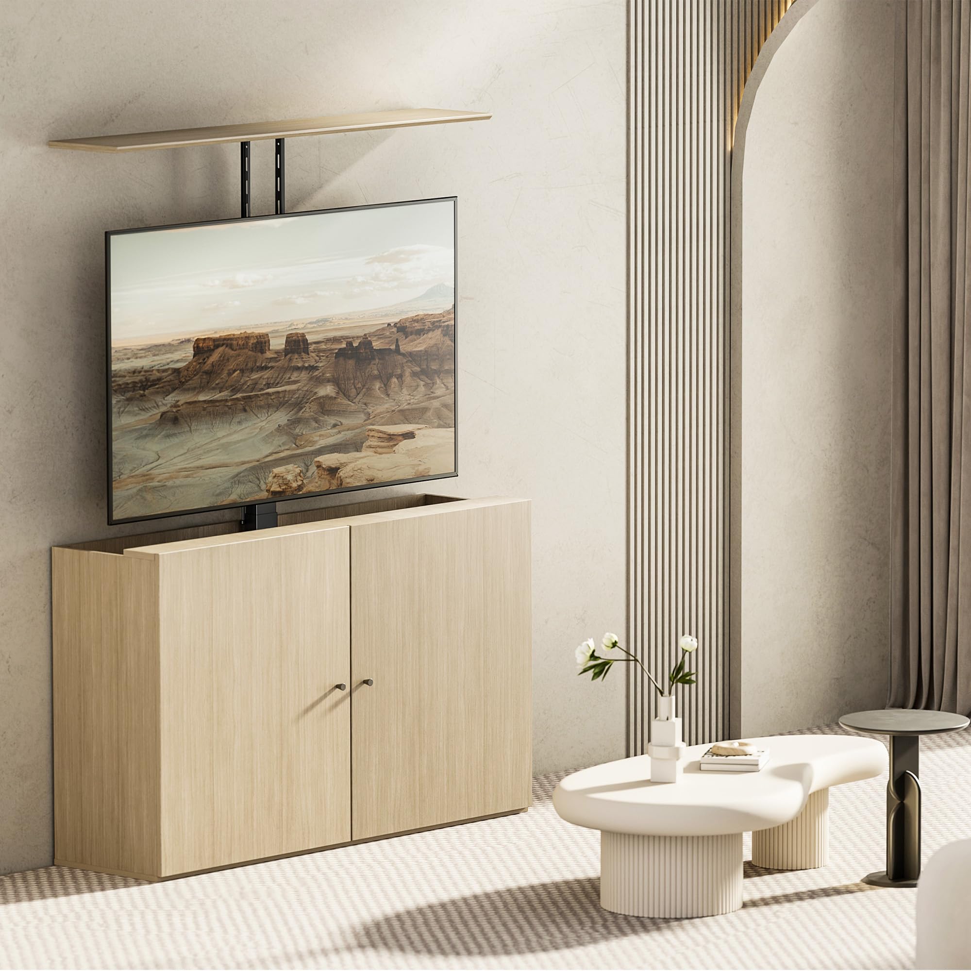 EasyLife zmotoryzowany podnośnik do telewizora do montażu na podłodze, suficie i szafie – elektrycznie wysuwalny i opuszczany, sterowanie Smart Home w zestawie z pilotem zdalnego sterowania, 37–65