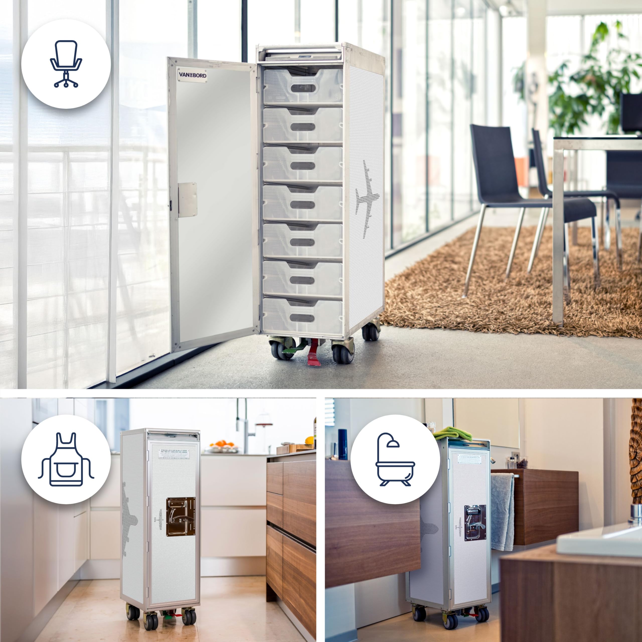 Airline Trolley Aviation, Büroschrank, Getränkewagen Flugzeug, Aktenschrank Metall, Küchenwagen mit Rollen, Norm: Atlas, 103 x 30,5 x 40,5, Flugzeugtrolley, Grau, 7 Einschübe