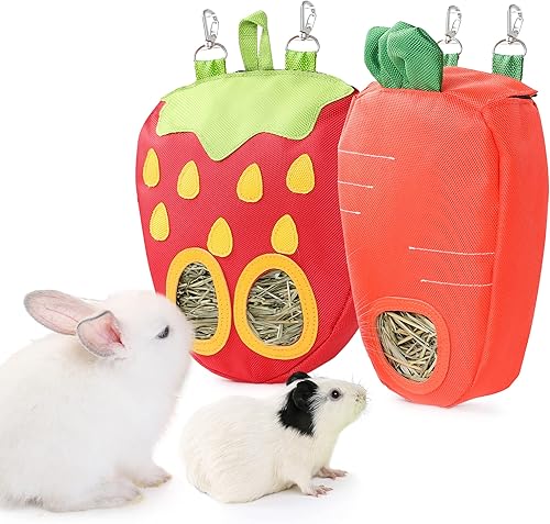 Miniatura 23 de JanYoo Bolsa alimentadora de heno de conejo para jaula de conejillos de indias, dispensador de heno Timothy, organizador de almacenamiento, grande