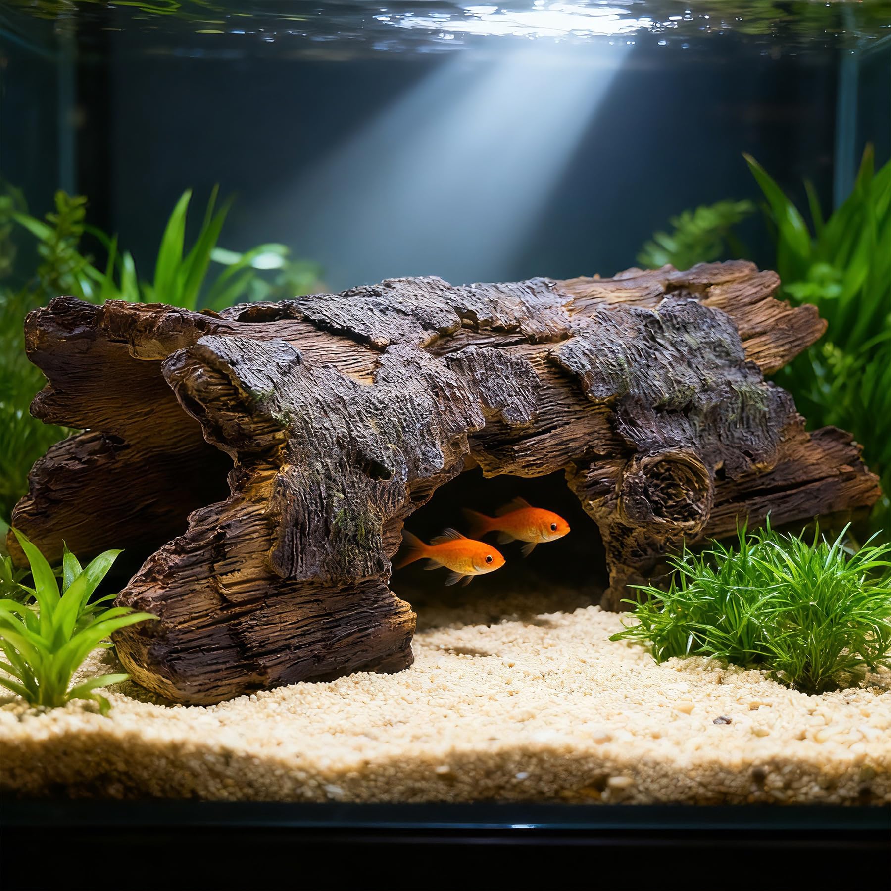Teaeeno Faux Log Fish Cave, Predator Control and Decorative Shelter for Koi and Fish, Ponds, Aquariums, and Terrariums (Brown)
