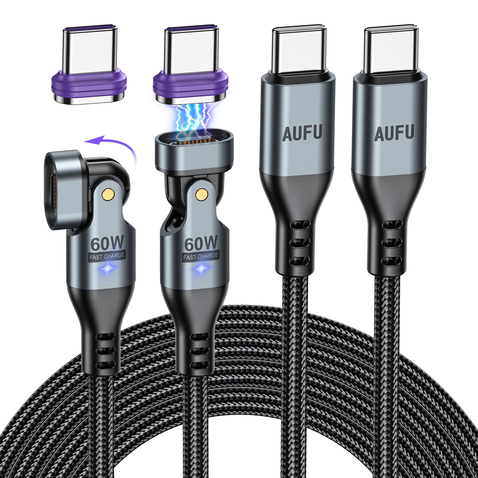 AUFU Cavo di Ricarica Magnetico USB C 60W, 16PIN [2 Pezzi 1M+2M], Rotazione a 180°, Ricarica Rapida 20V/3A e Trasferimento Dati, Compatibile con Phone 16 15 / Galaxy S24 / Dispositivi USB-C