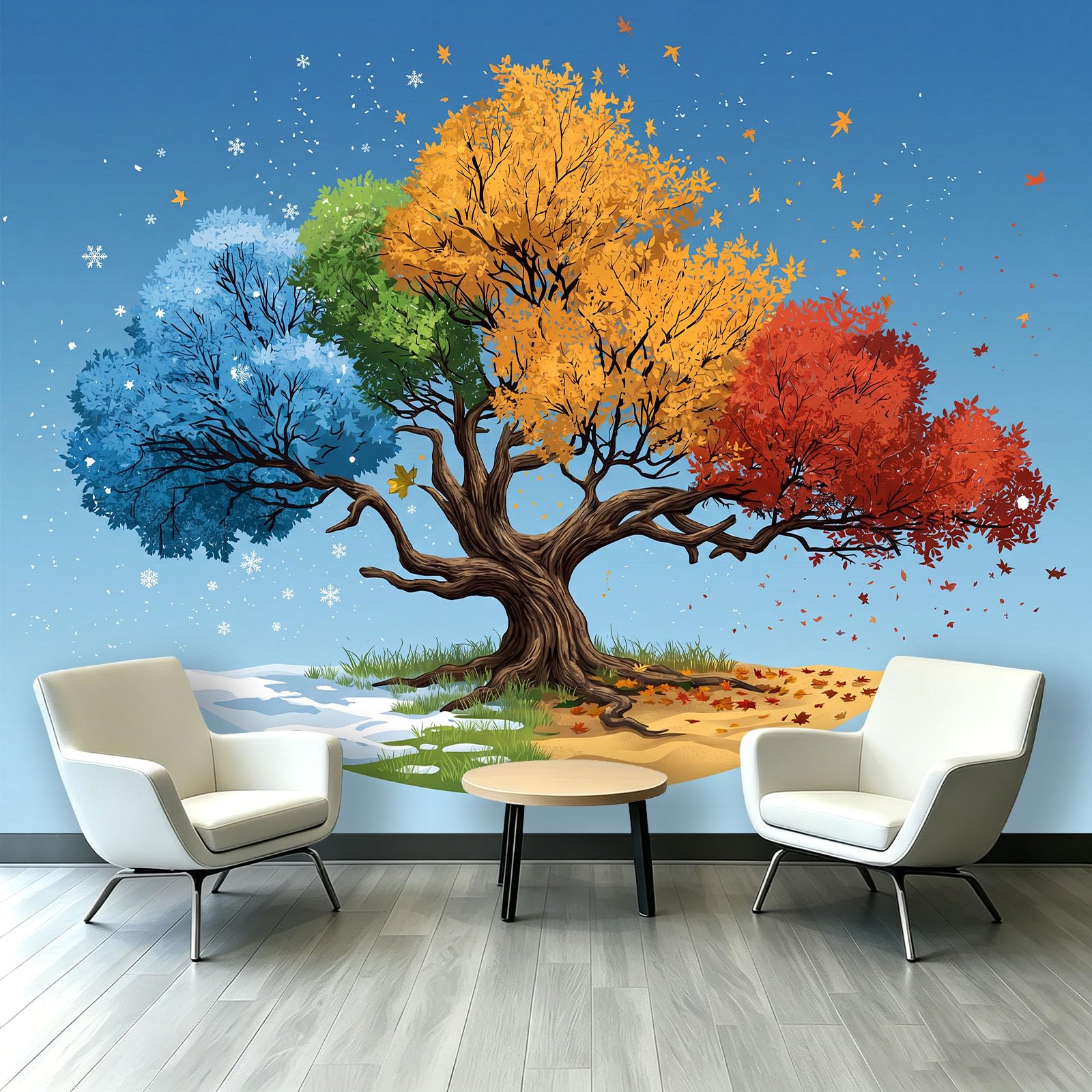 Obraz ścienny botaniczny, minimalistyczny, 200 x 140 cm (szer. x wys.), płatek śniegu, drzewo pory roku, liście, fototapeta, dekoracja ścienna, tapeta z włókniny do salonu, sypialni i pokoju