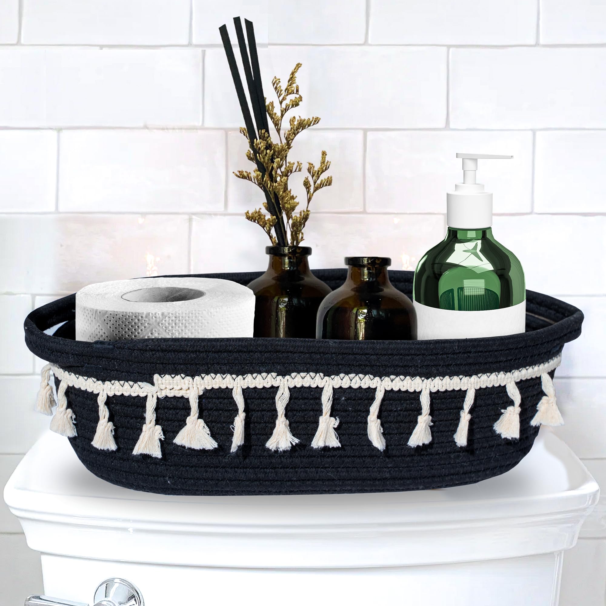 YELLOW LOTUS Black Boho Basket - 14” Small Bathroom Basket for Back of the Toilet, Woven Storage Bin for Shelves, Baby Nursery Toy Storage, Black and White Bathroom Decor For Home Apartment