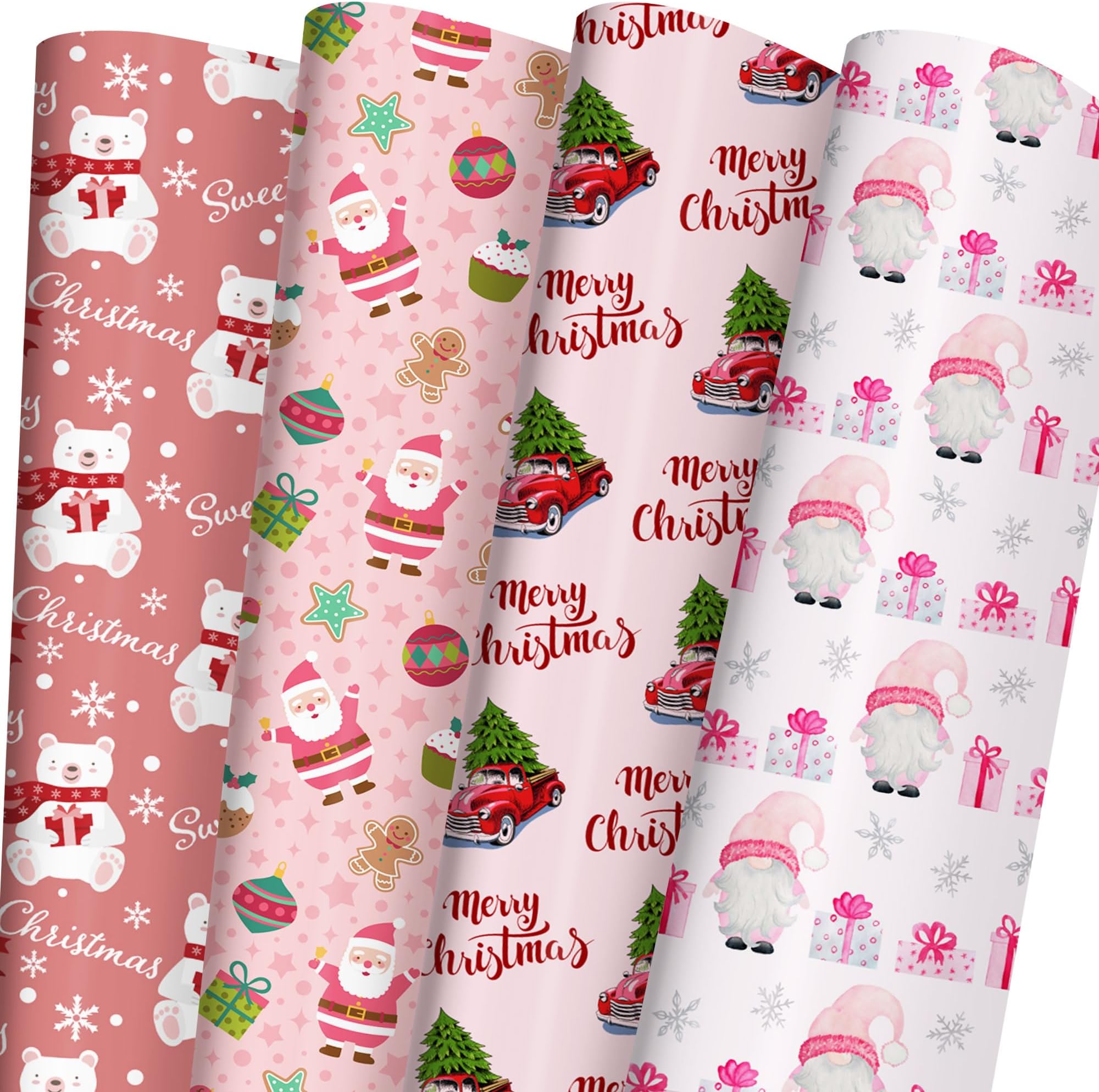 SaringSwoon Pink Christmas Wrapping Paper for Boys Girls Kids - Xmas Gift Wrap With Santa, Gnome, Rustic Red Trucks, Polar Bear on Pink Designs - 40×28 Inches, 6 Folded Sheets
