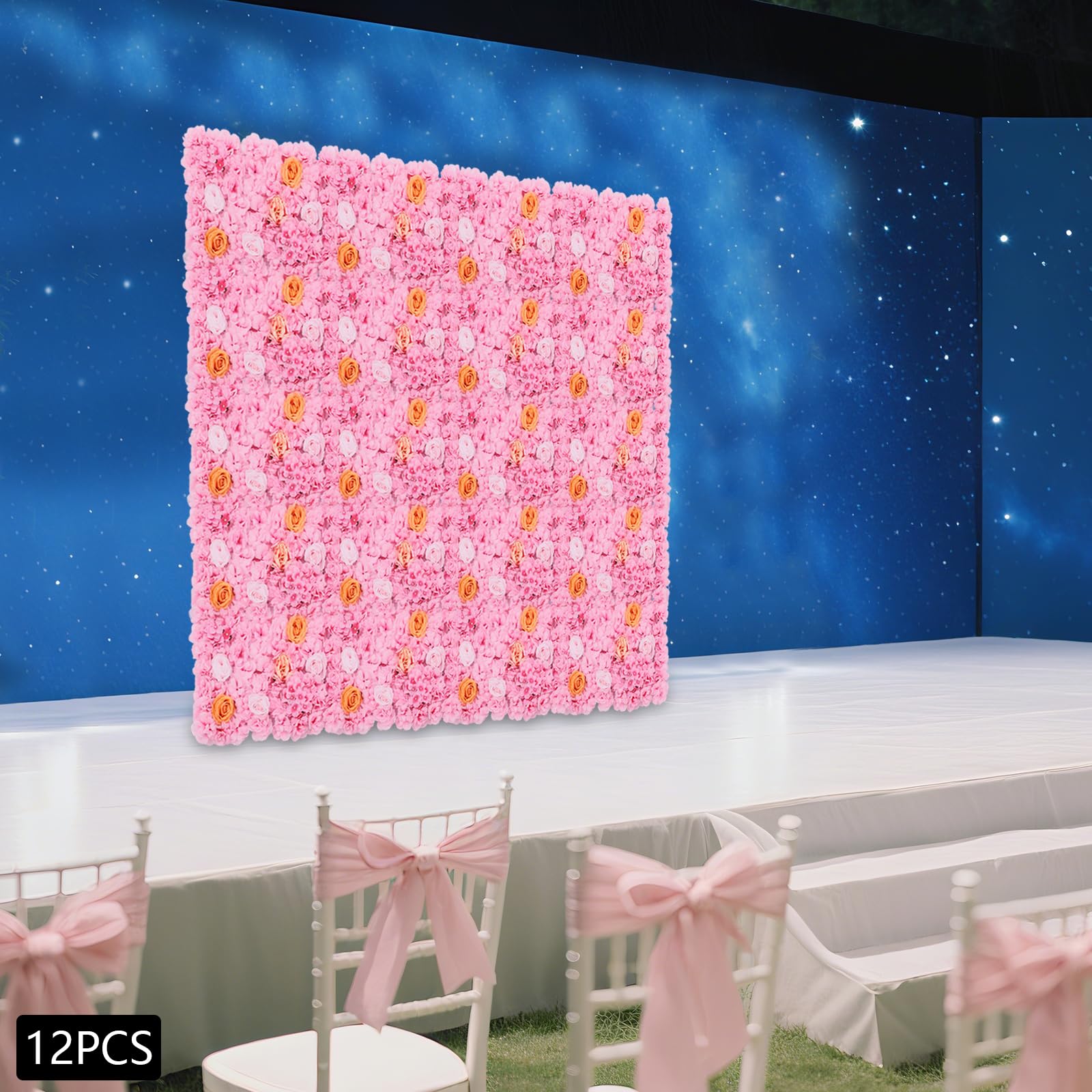 Künstliche Blumenwand 12-teilig, Blumen Wandpaneel 60x40cm aus Seide für Garten Balkon Dekoration, Realistische Kunstblumen für Hochzeit Party Wohnzimmer, DIY Deko Set Rosa Champagne