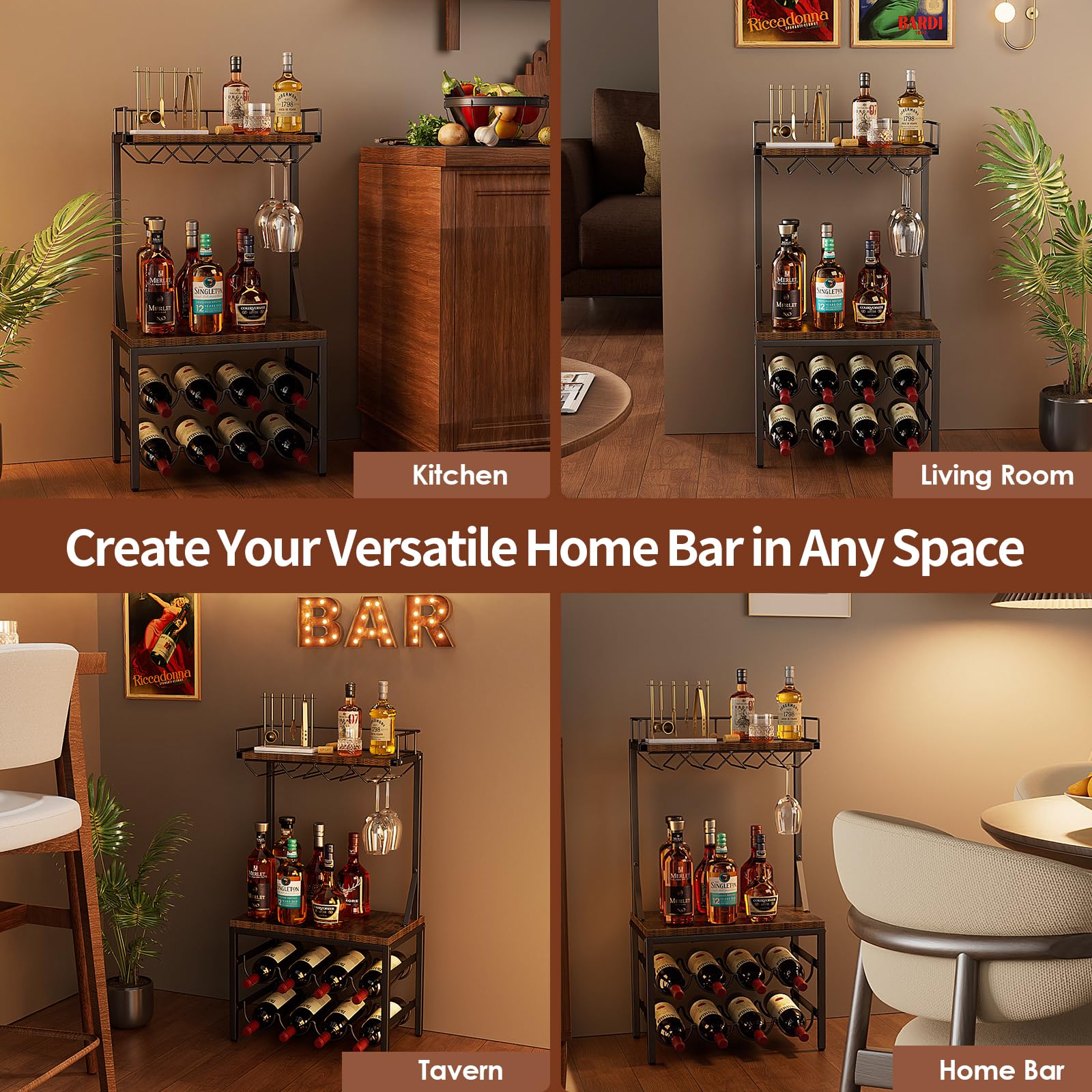 Nuovoware 3-poziomowa szafka na alkohol z uchwytem na butelkę, mini bar uniwersalny wolnostojący stojak na wino z blatem i 8 uchwytami na kubki, retro brązowy+czarny