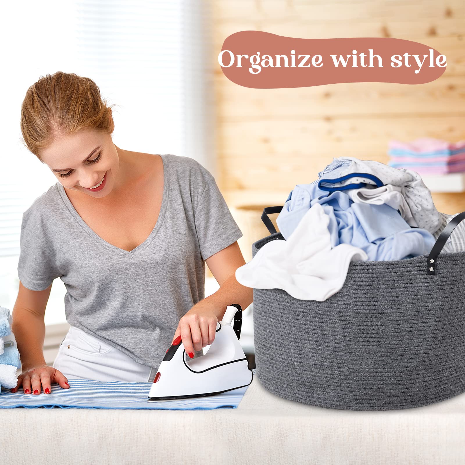 luxury little Extra Large Nursery Storage Basket, 22 x 22 x 14 inches - 100% Cotton Rope Basket with Handles, Laundry Basket for Toys, Blankets & Pillows - Dark Grey with Leather Handles