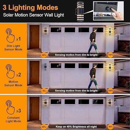 Miniatura 3 de Paquete de 2 luces solares de pared para exteriores con sensor de movimiento, apliques de movimiento de 3 modos de 3000 K 500 lm del atardecer al