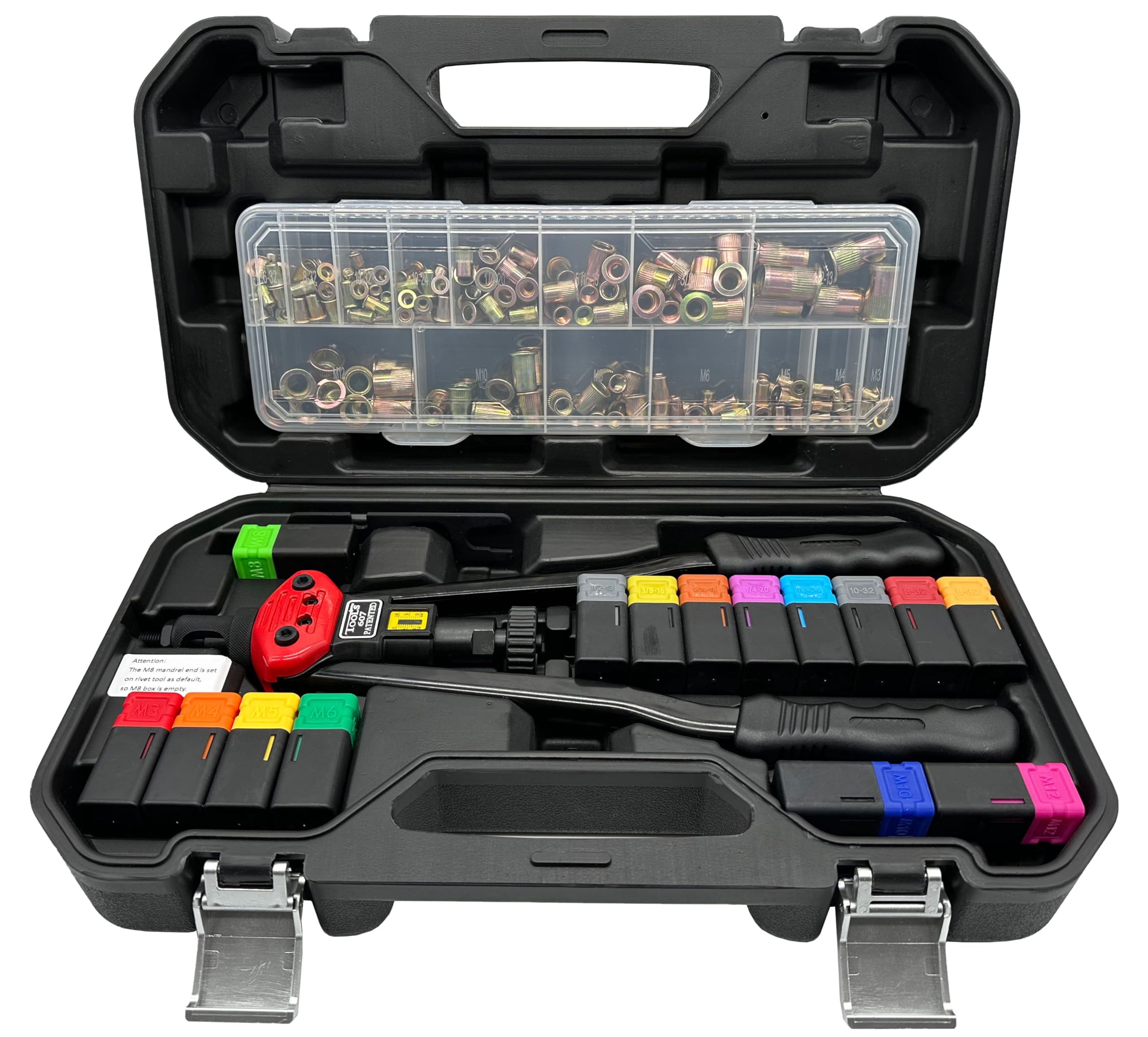 ZIOJOVK 16-Inch Rivet Nut Tool Rivet Nut Kit, with15 Metric and SAE Mandrels, 236Pcs Assorted Rivet Nuts, and Rugged Carrying Case