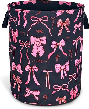 Bow Laundry Basket Oxford Cloth Cute Bowknot Ribbon Laundry Hamper With Handle Foldable Portable Clothes Storage Basket 18.9 X 16.5 In Storage Bag For Laundry Room/Bathroom/Bedroom/Dormitories