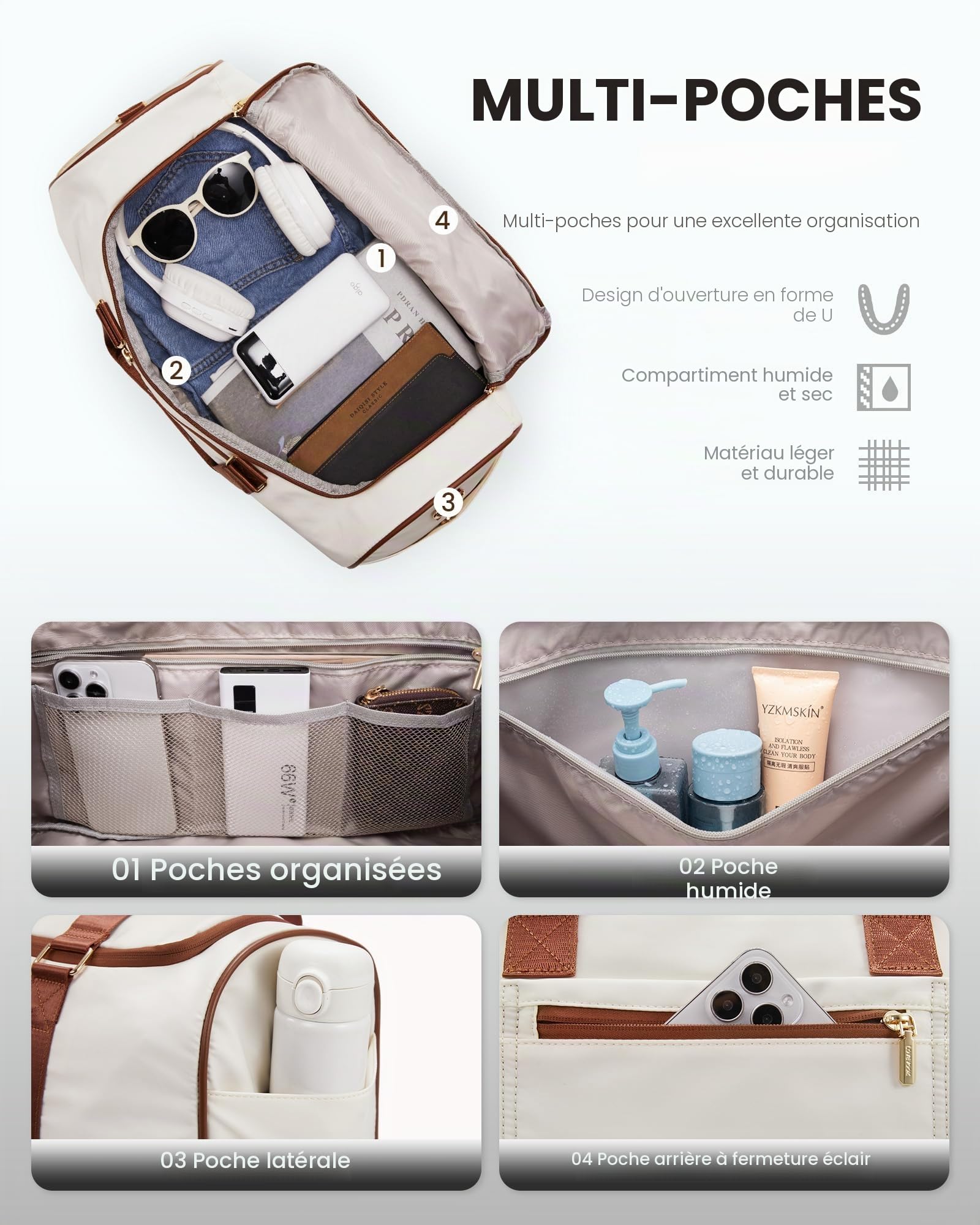 LOVEVOOK Sac de voyage pour femme - Sac de voyage Weekender - Avec trousse de toilette, compartiment à chaussures et compartiment humide - Étanche - Pour sport, vacances, avion, Beige/noir/marron, m