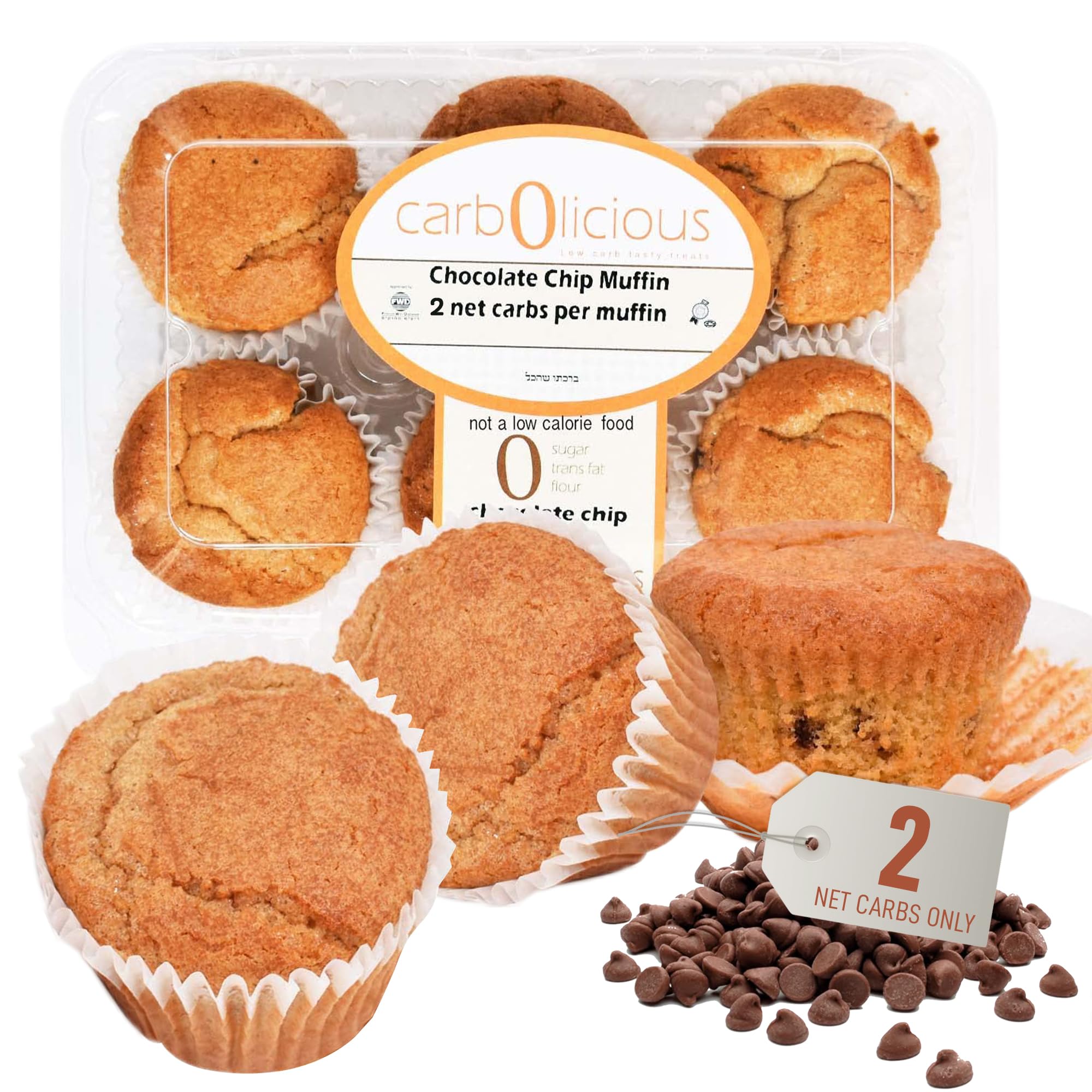 Low Carb Chocolate Chip Muffins 6 Pcs (1-Pack) by Carb-o-licious - Delicious Keto Mini Muffins Only 2 Net Carbs, 9g Protein - Sugar Free Cupcake Style Healthy Snack Made, Almond Flour, Low-Carb Treat