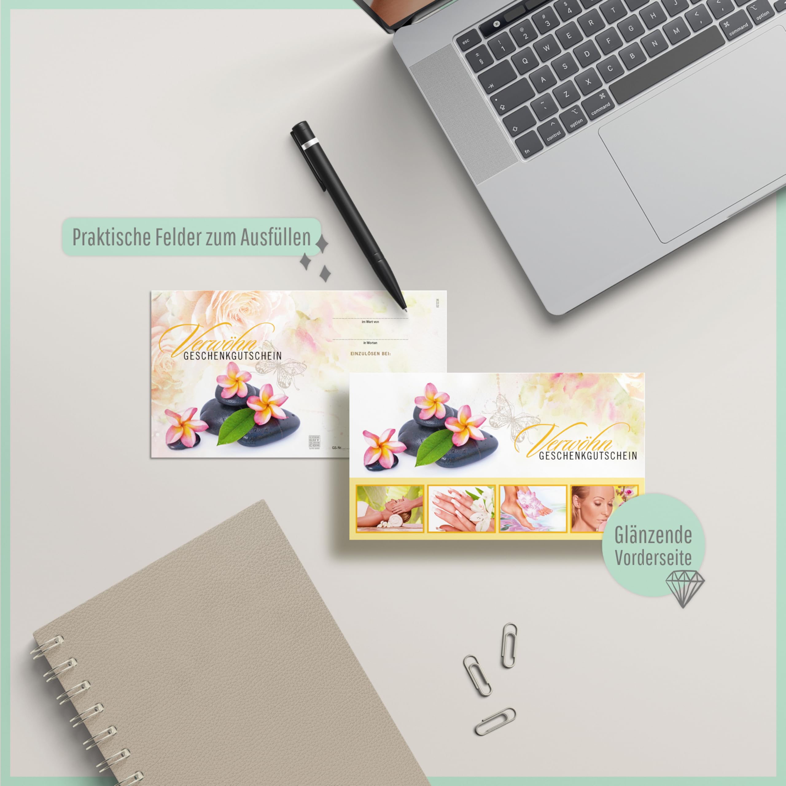 GESCHENKGUTSCHEINcom - 50 Gutscheine mit Umschlag/Schleife für Kosmetikinstitut Kosmetik Wellness - Geschenkgutschein-Vordruck blanko KS1234-2-50