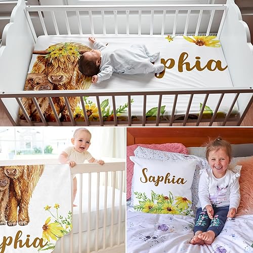 Miniatura 6 de Juego de ropa de cama personalizado para cuna de vaca de las tierras altas para bebés, niños y niñas, juego de manta personalizada de doble capa con