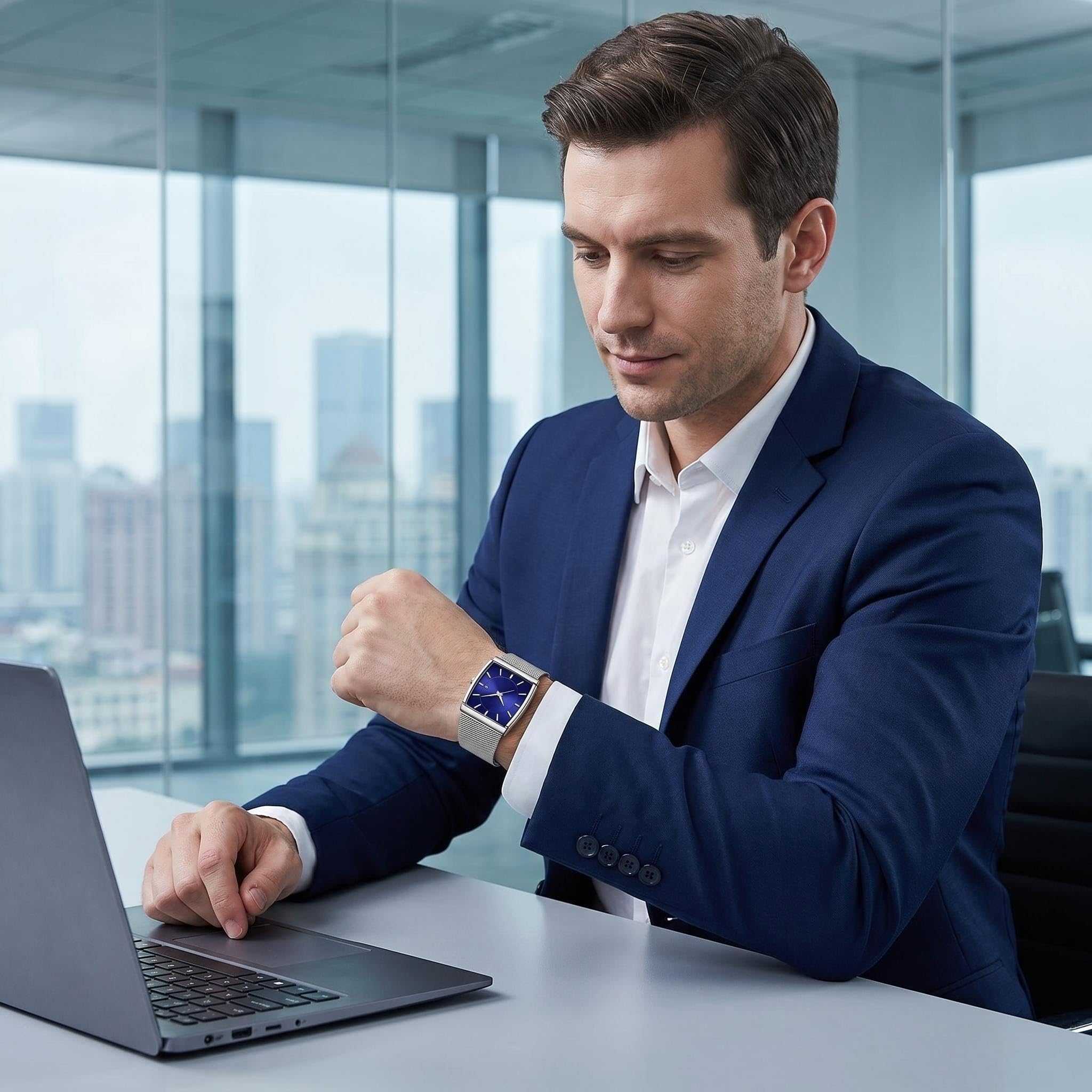 Einfache rechteckige Analoguhr für Herren, ultradünnes Edelstahl-Mesh-Armband, minimalistischer Stil, Armbanduhr, Geschenkbox